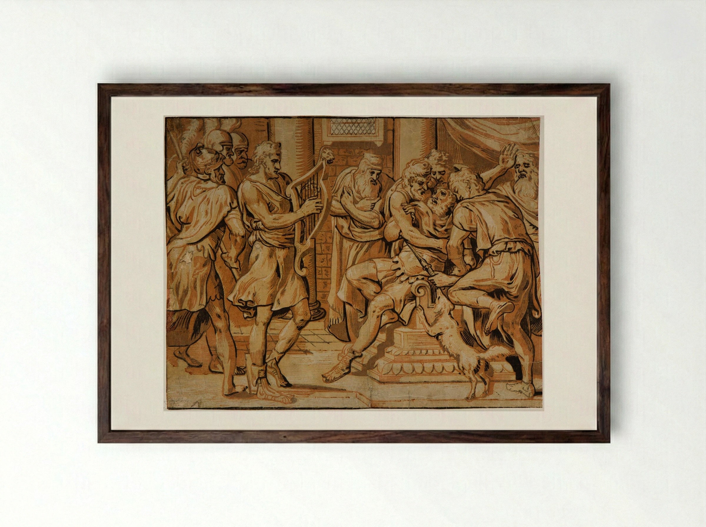 David Playing Before Saul - Adriaen Thomasz. Key - Framed Print Dark Wood