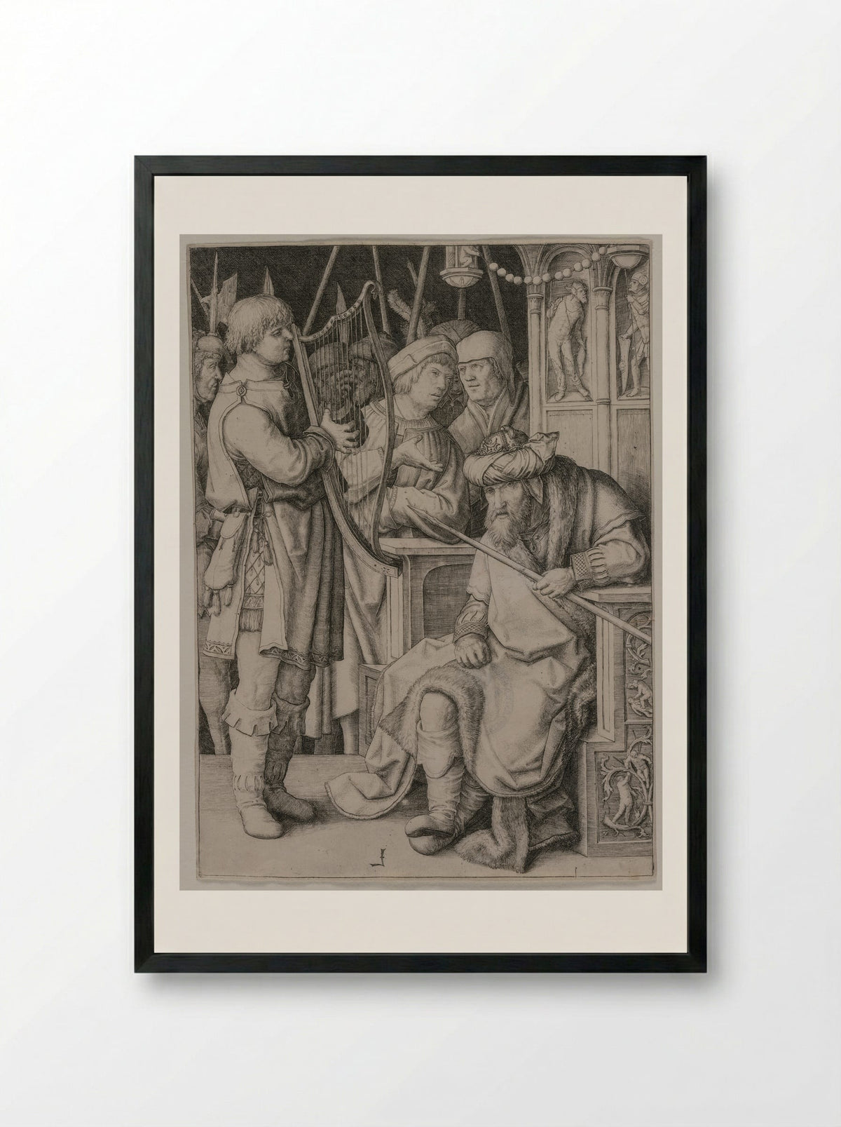 David Playing His Harp before Saul - Lucas van Leyden - Framed Print Black