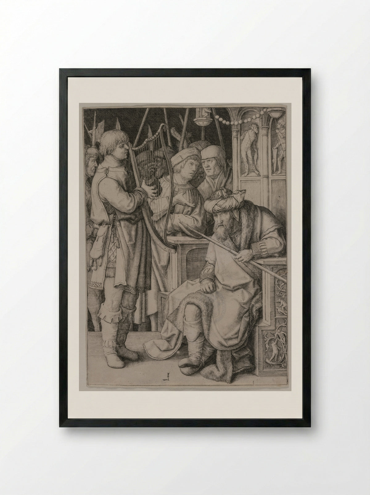 David Playing His Harp before Saul - Lucas van Leyden - Framed Print Black
