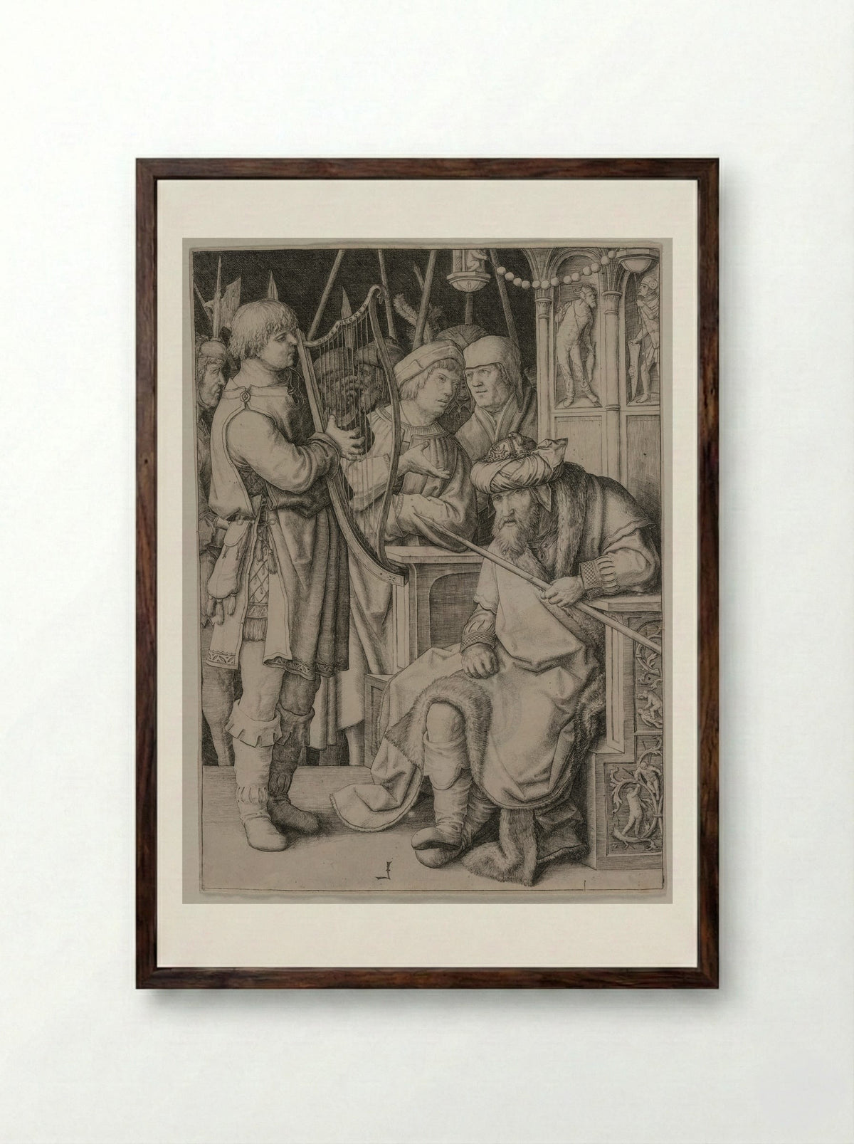 David Playing His Harp before Saul - Lucas van Leyden - Framed Print Dark Wood