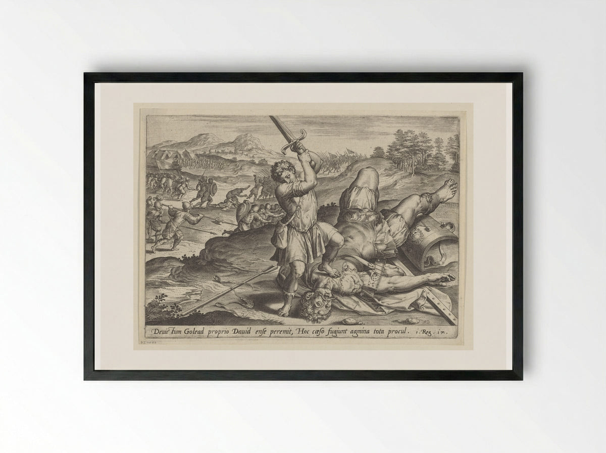 David Slaying Goliath - Hans Collaert the Elder - Framed Print Black