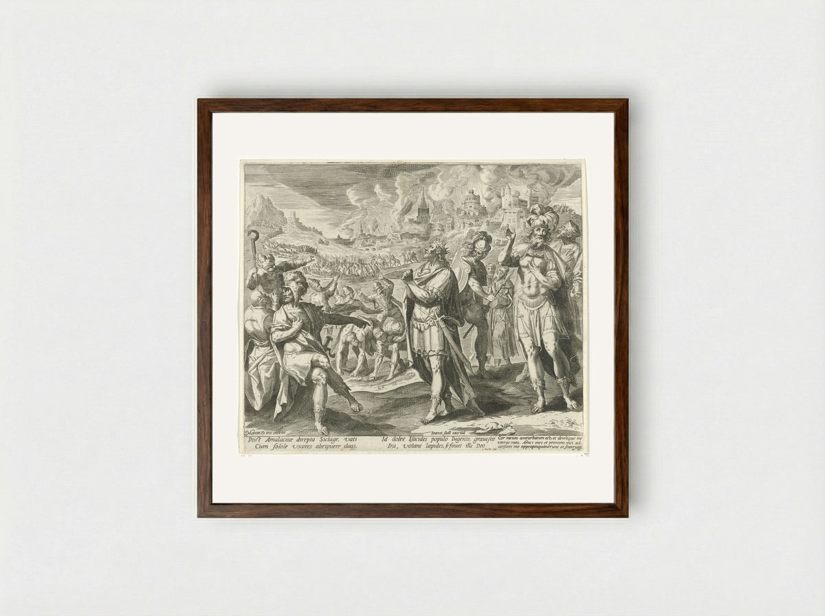 David's Soldiers Threaten to Stone Him - Aegidius Sadeler (II) - Framed Print Dark Wood