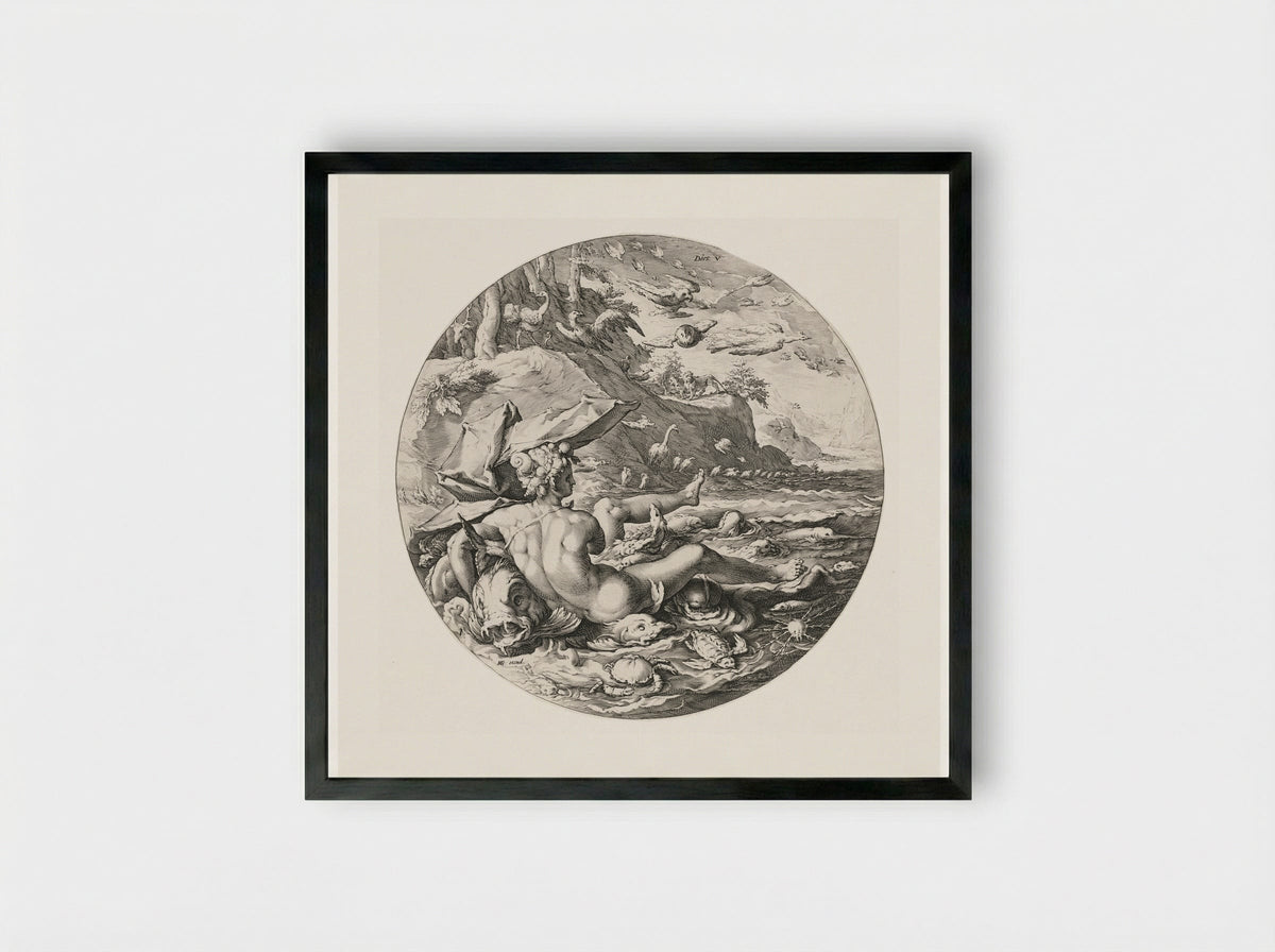 Day V: The Creation of Fish, Birds, and Beasts - Jan Harmensz. Muller - Framed Print Black