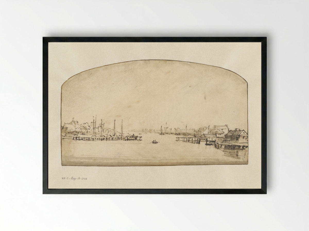 De Amstel gezien vanaf de Blauwbrug - Rembrandt van Rijn - Framed Print Black