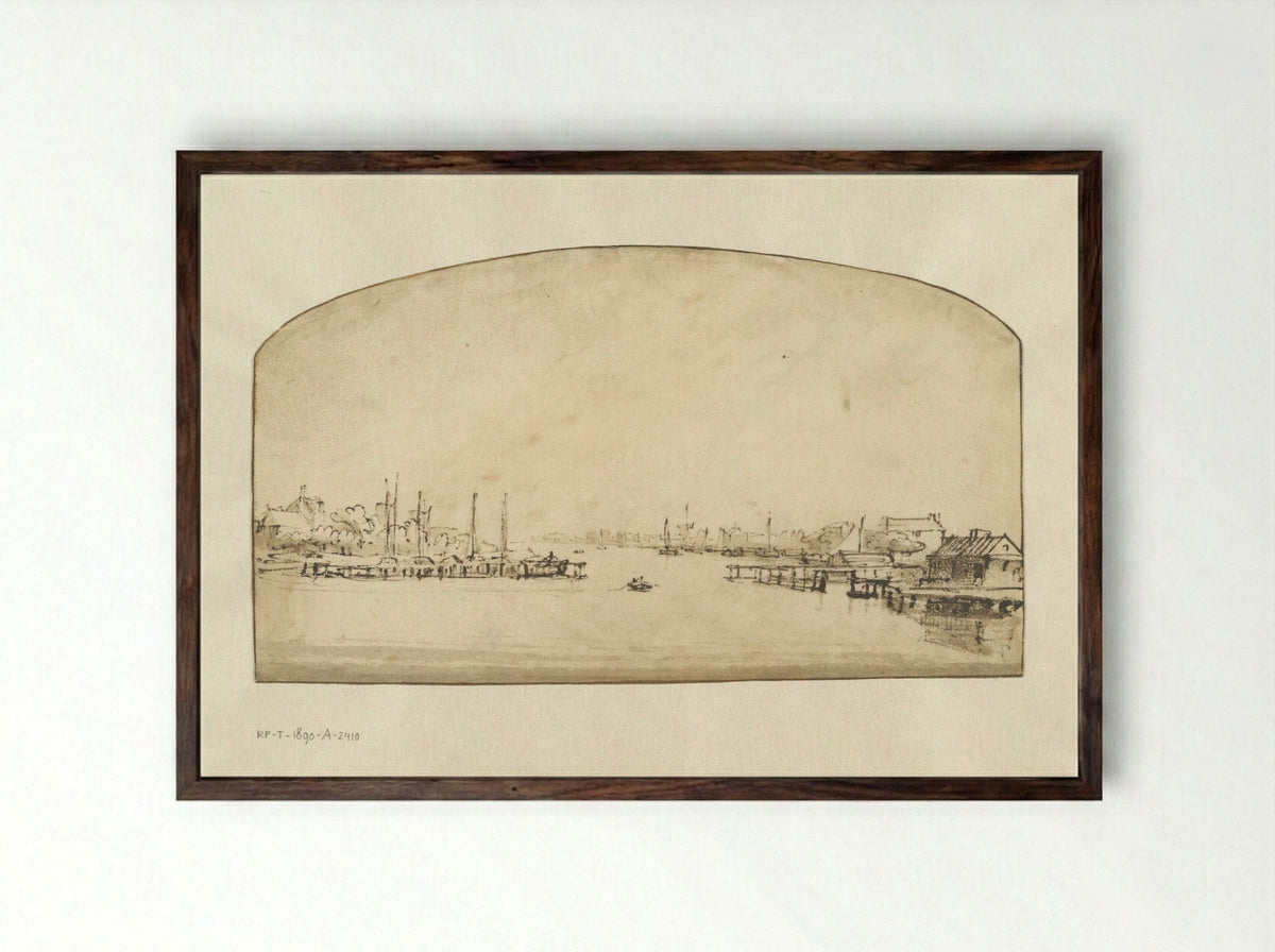 De Amstel gezien vanaf de Blauwbrug - Rembrandt van Rijn - Framed Print Dark Wood
