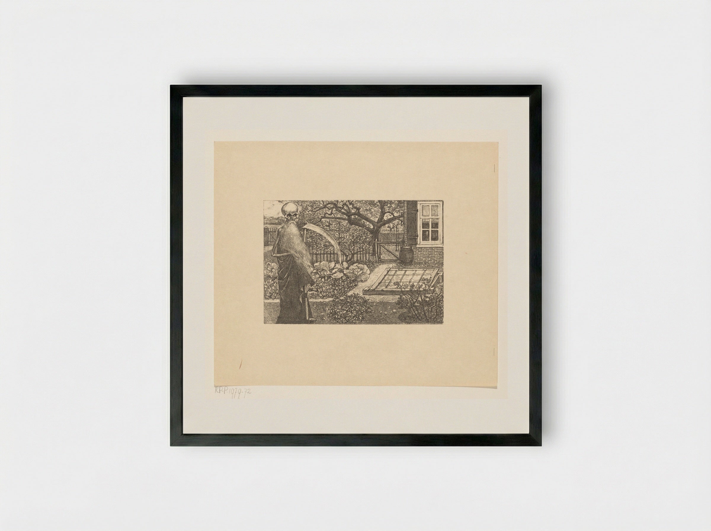 De Dood met een zeis in de tuin van Johannes - Edzard Koning - Framed Print Black