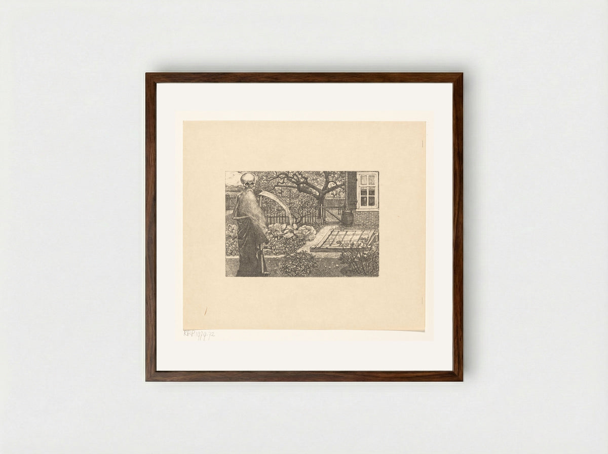 De Dood met een zeis in de tuin van Johannes - Edzard Koning - Framed Print Dark Wood