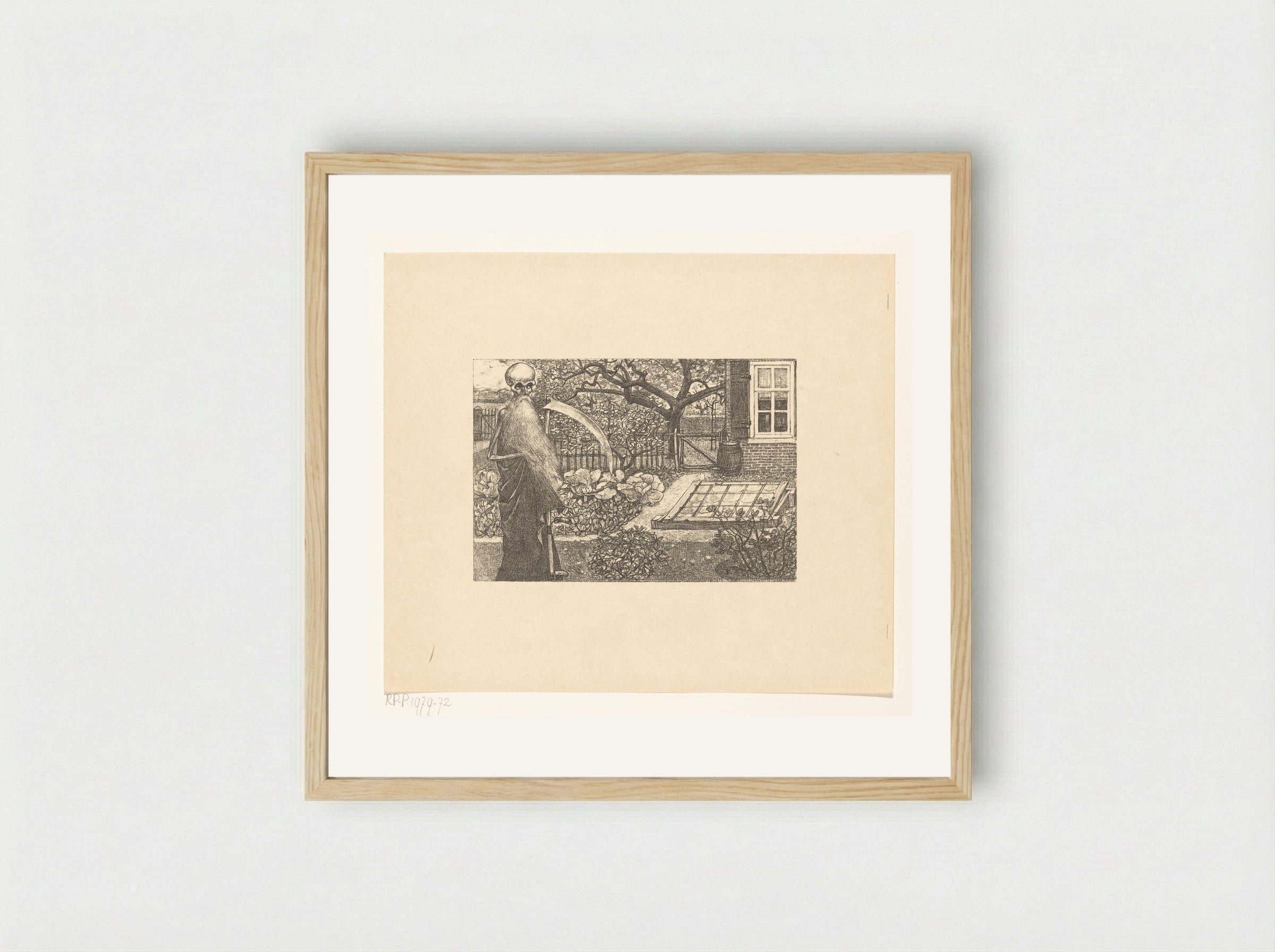 De Dood met een zeis in de tuin van Johannes - Edzard Koning - Framed Print Wood