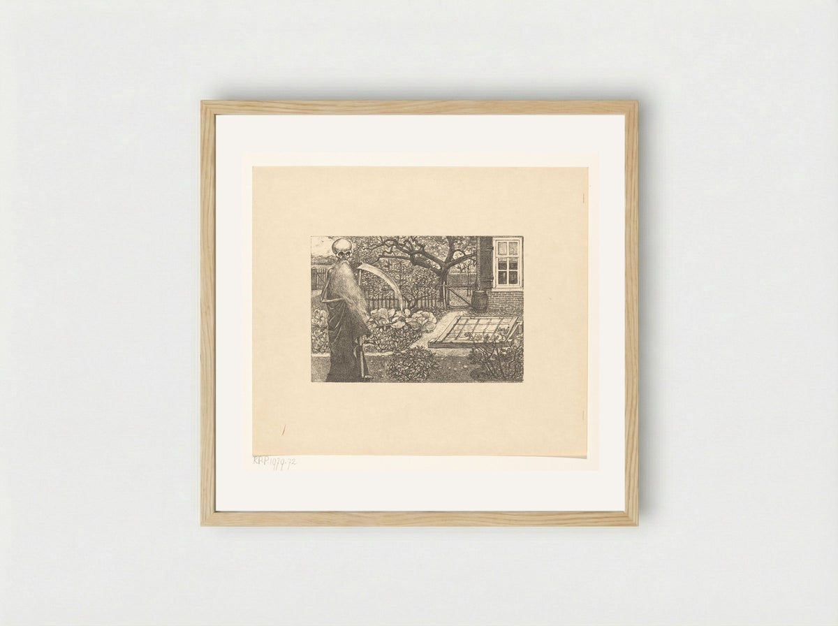 De Dood met een zeis in de tuin van Johannes - Edzard Koning - Framed Print Wood