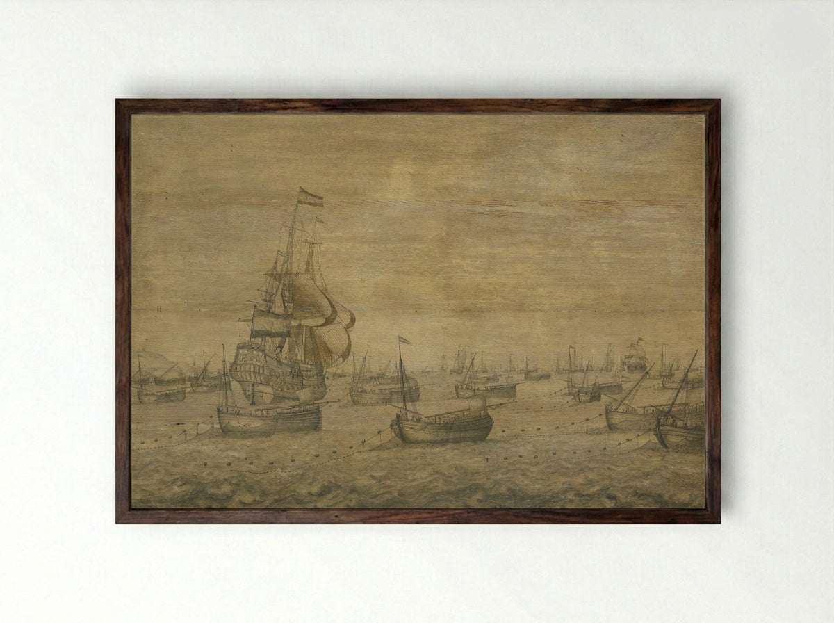 De Hollandse haringvloot aan de vleet - Pieter Vogelaer - Framed Print Dark Wood