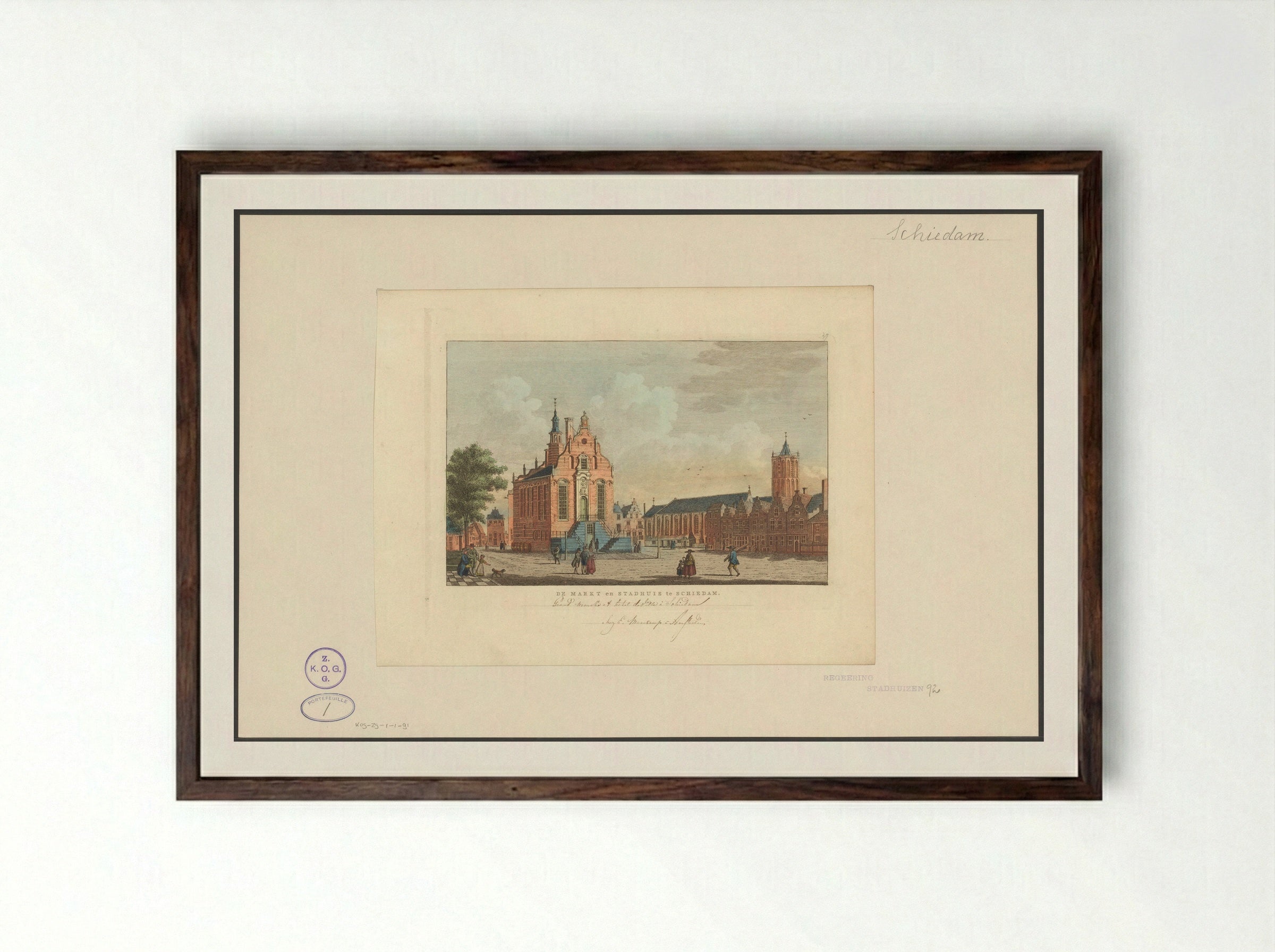 De Markt en Stadhuis te Schiedam - Carel Frederik Bendorp (I) - Framed Print Dark Wood