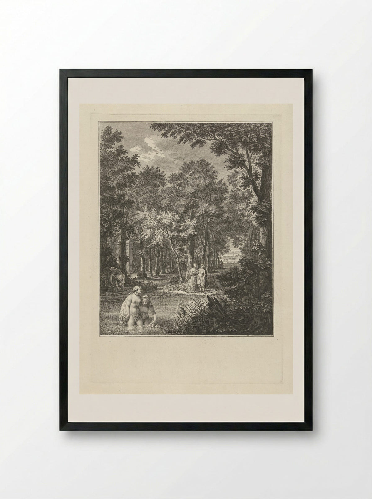 De badende juffers bespied - Simon Fokke - Framed Print Black