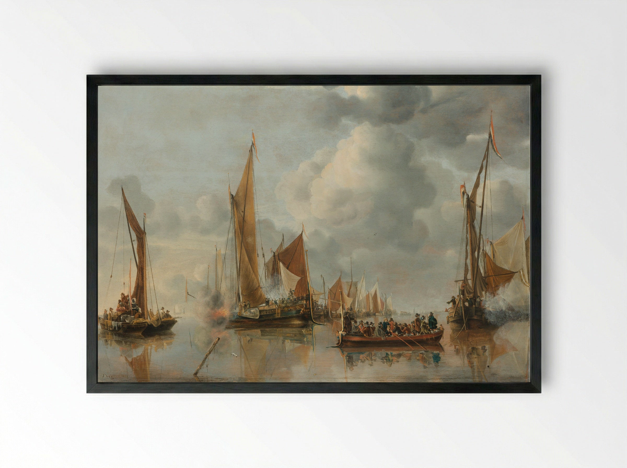 De begroeting van de regeringssloep door de binnenvloot - Jan van de Cappelle - Framed Print Black