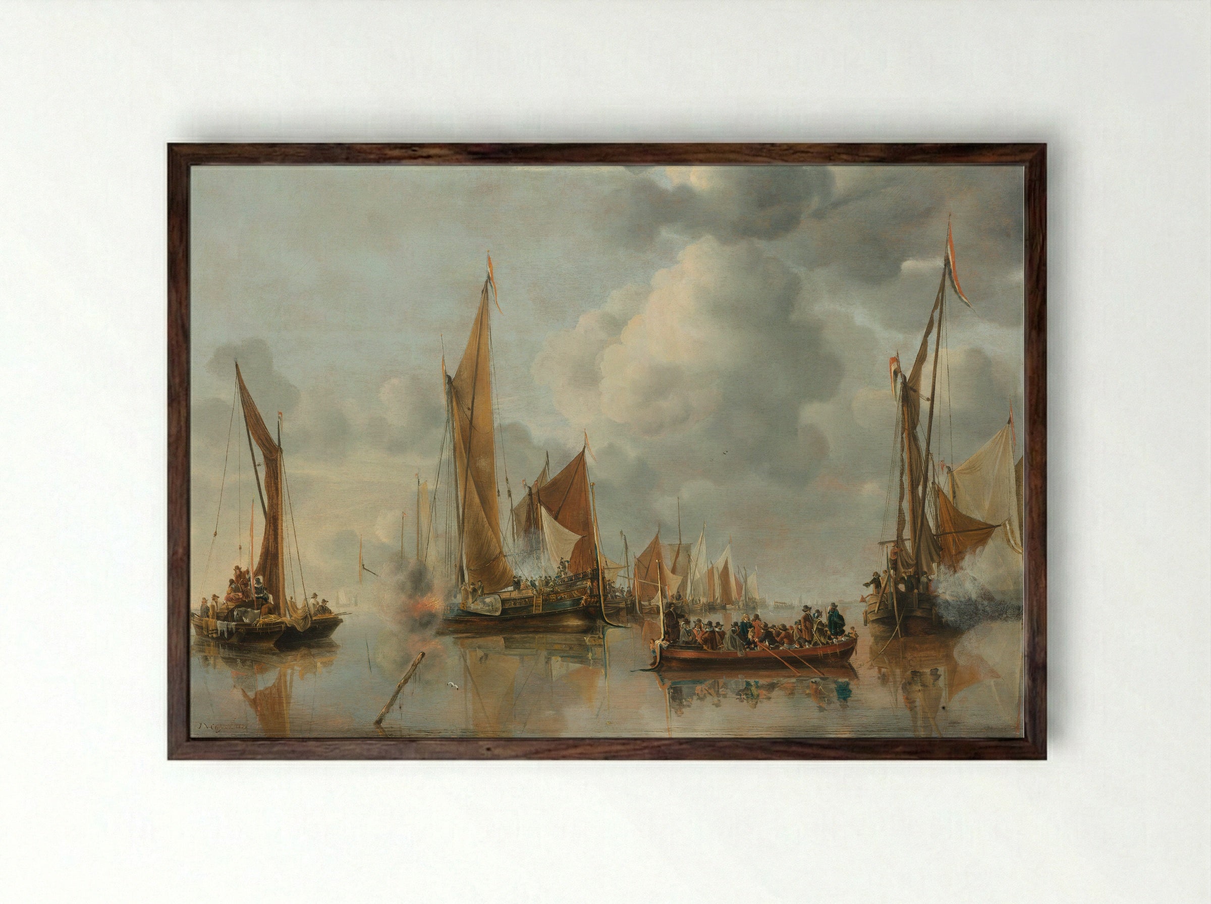 De begroeting van de regeringssloep door de binnenvloot - Jan van de Cappelle - Framed Print Dark Wood