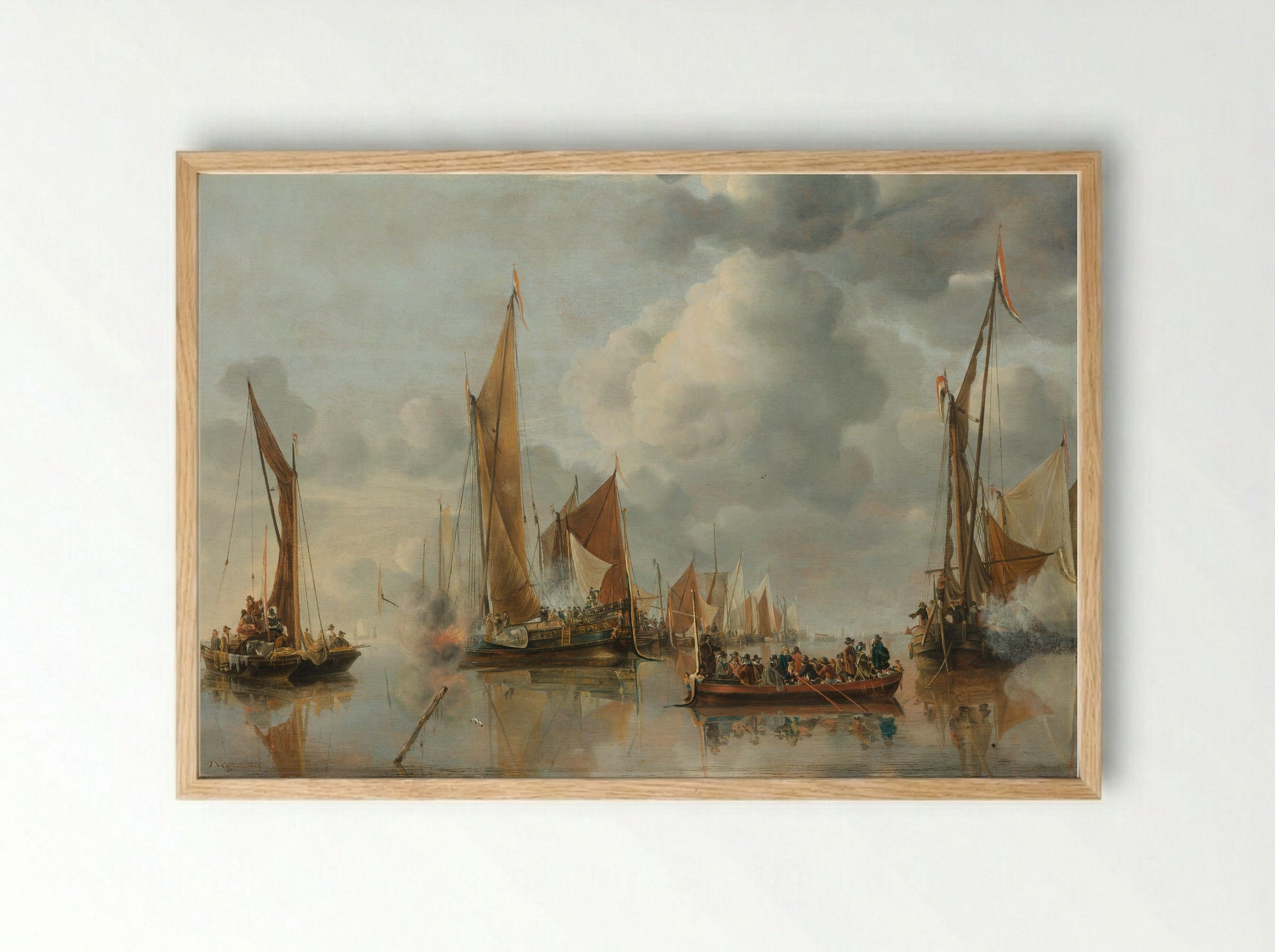 De begroeting van de regeringssloep door de binnenvloot - Jan van de Cappelle - Framed Print Wood