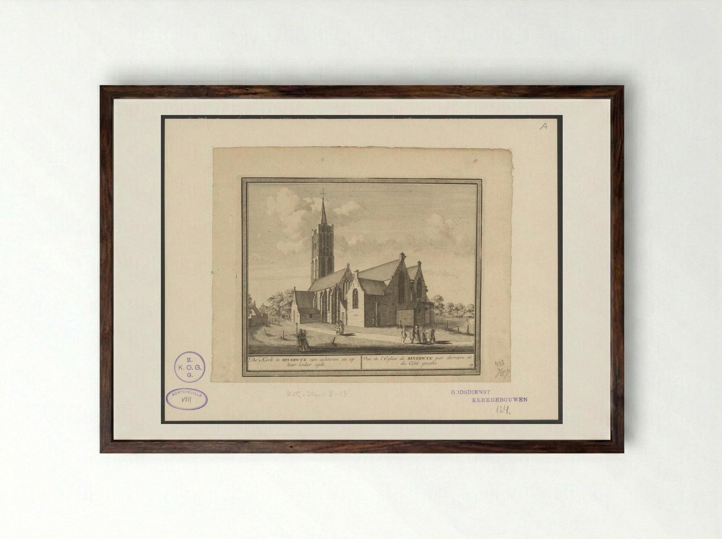 De kerk te Beverwyk van achteren en op haer linker zyde - Hendrik de Leth - Framed Print Dark Wood