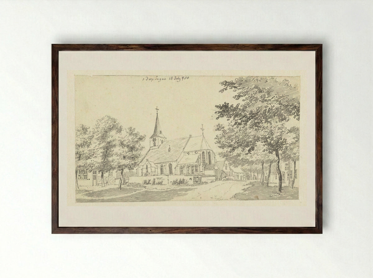 De kerk van het dorp Ingen - Jan de Beijer - Framed Print Dark Wood