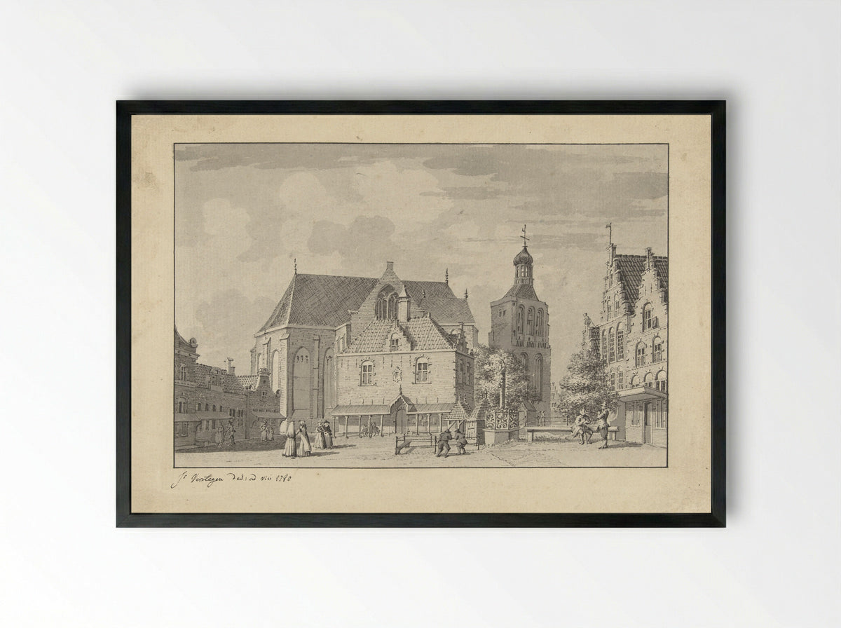De kerk, waag en vismarkt in Workum - Jacobus Versteegen - Framed Print Black