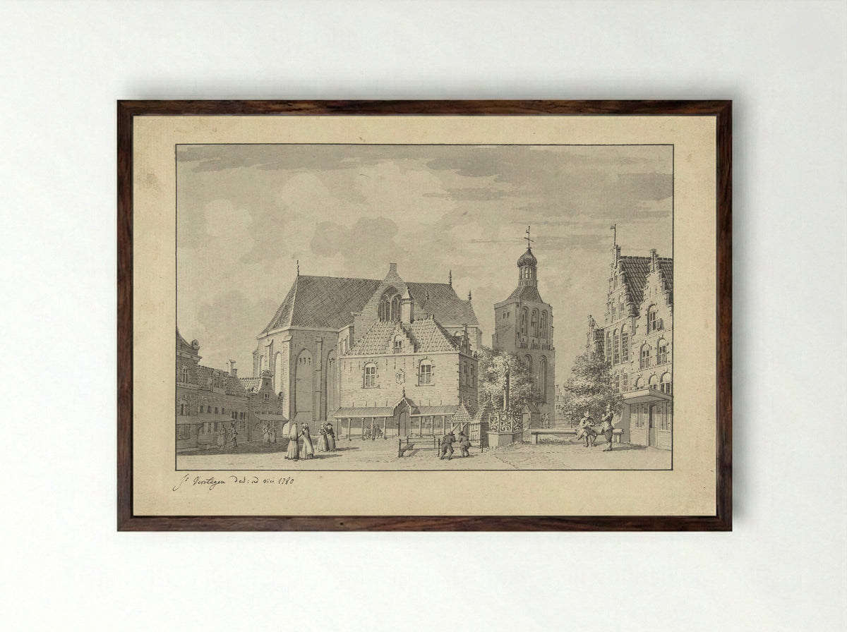 De kerk, waag en vismarkt in Workum - Jacobus Versteegen - Framed Print Dark Wood