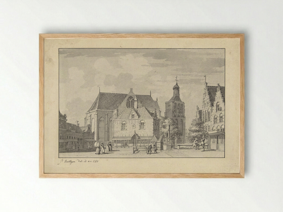 De kerk, waag en vismarkt in Workum - Jacobus Versteegen - Framed Print Wood