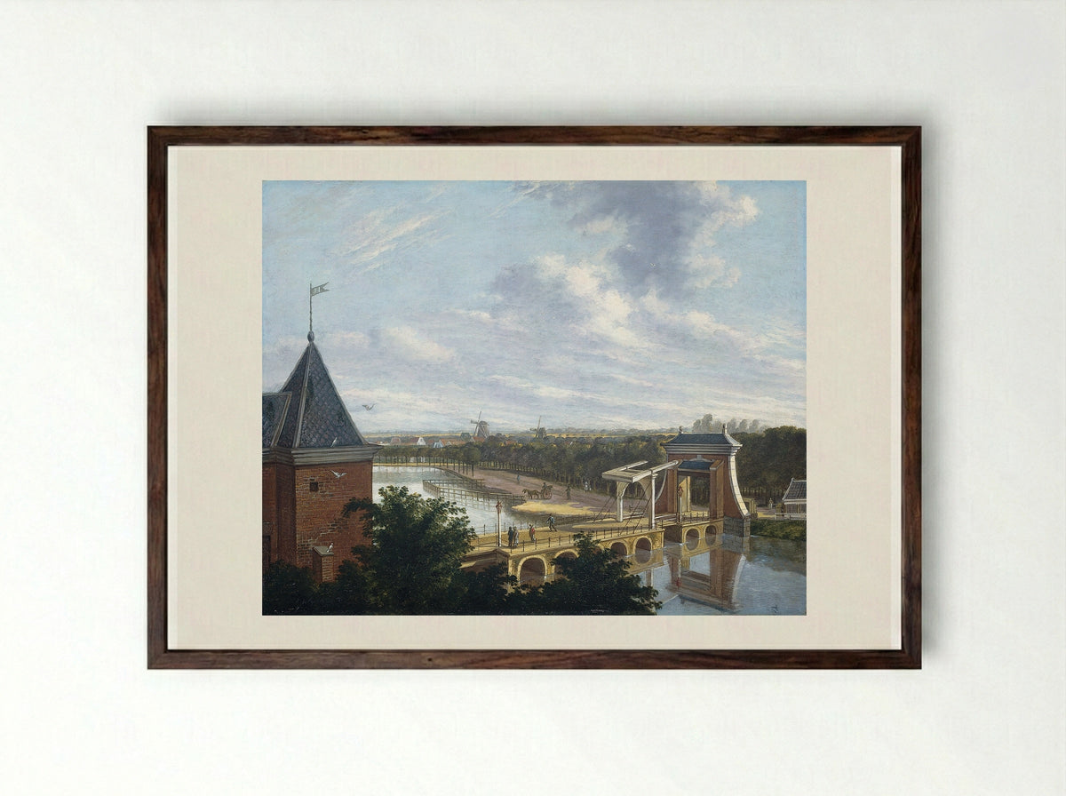 De kleine vismarkt op de hoek van de Brouwersgracht en het Singel te Amsterdam - Johannes Jelgerhuis - Framed Print Dark Wood