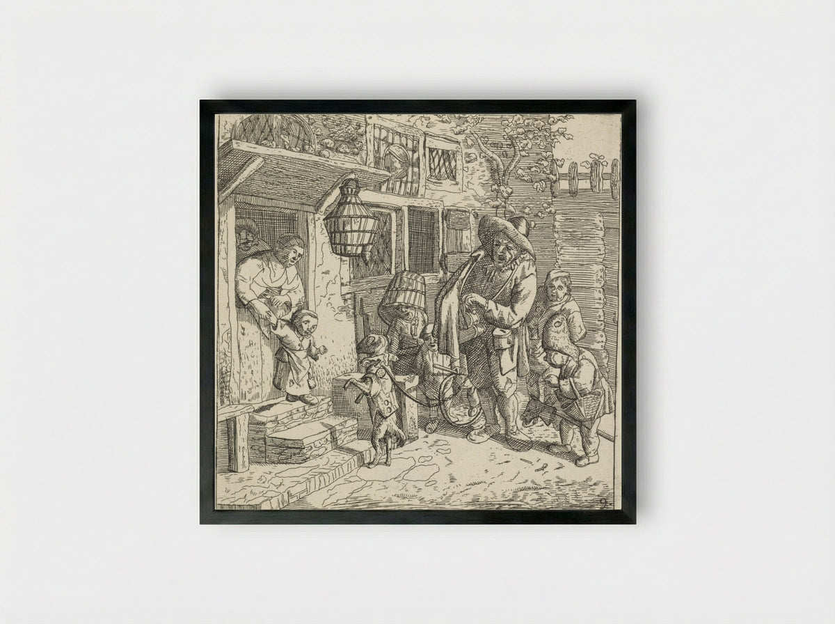 De lierspeler met het dansende hondje - Adriaen van der Welle - Framed Print Black