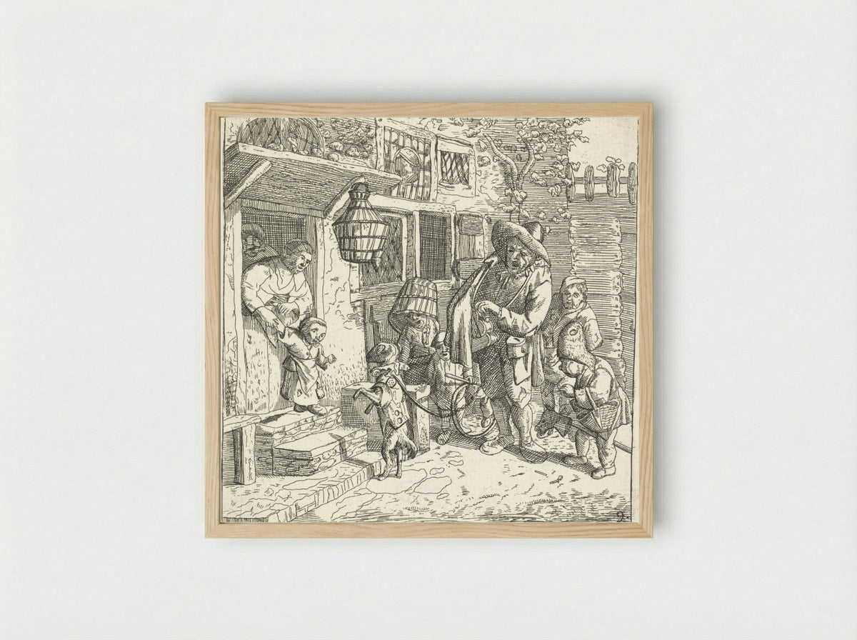 De lierspeler met het dansende hondje - Adriaen van der Welle - Framed Print Wood