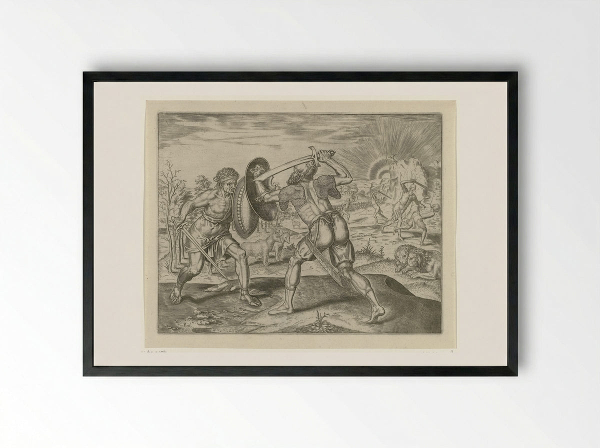 De mens vecht tegen zijn eigen soort - Philips Galle - Framed Print Black