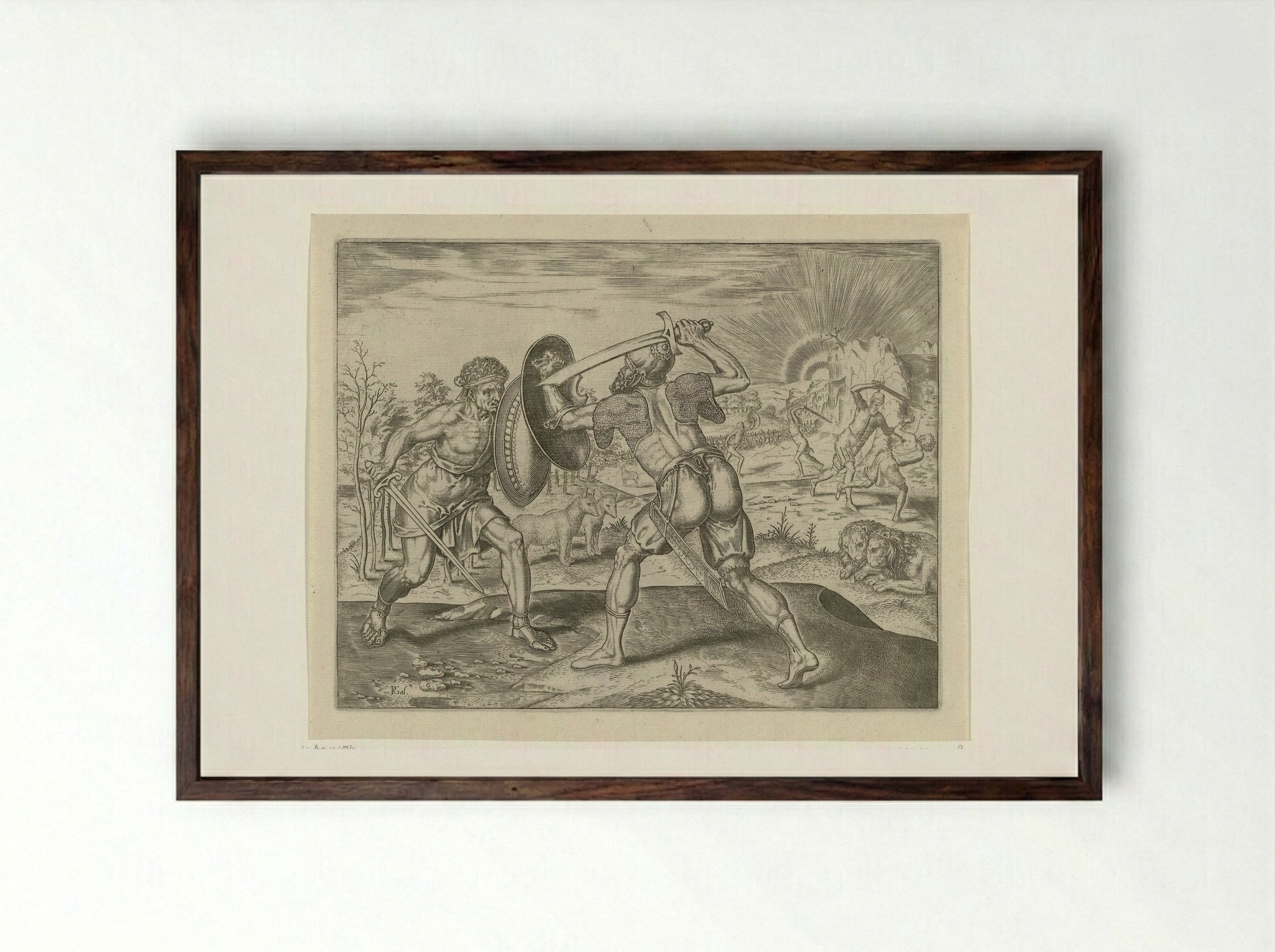 De mens vecht tegen zijn eigen soort - Philips Galle - Framed Print Dark Wood