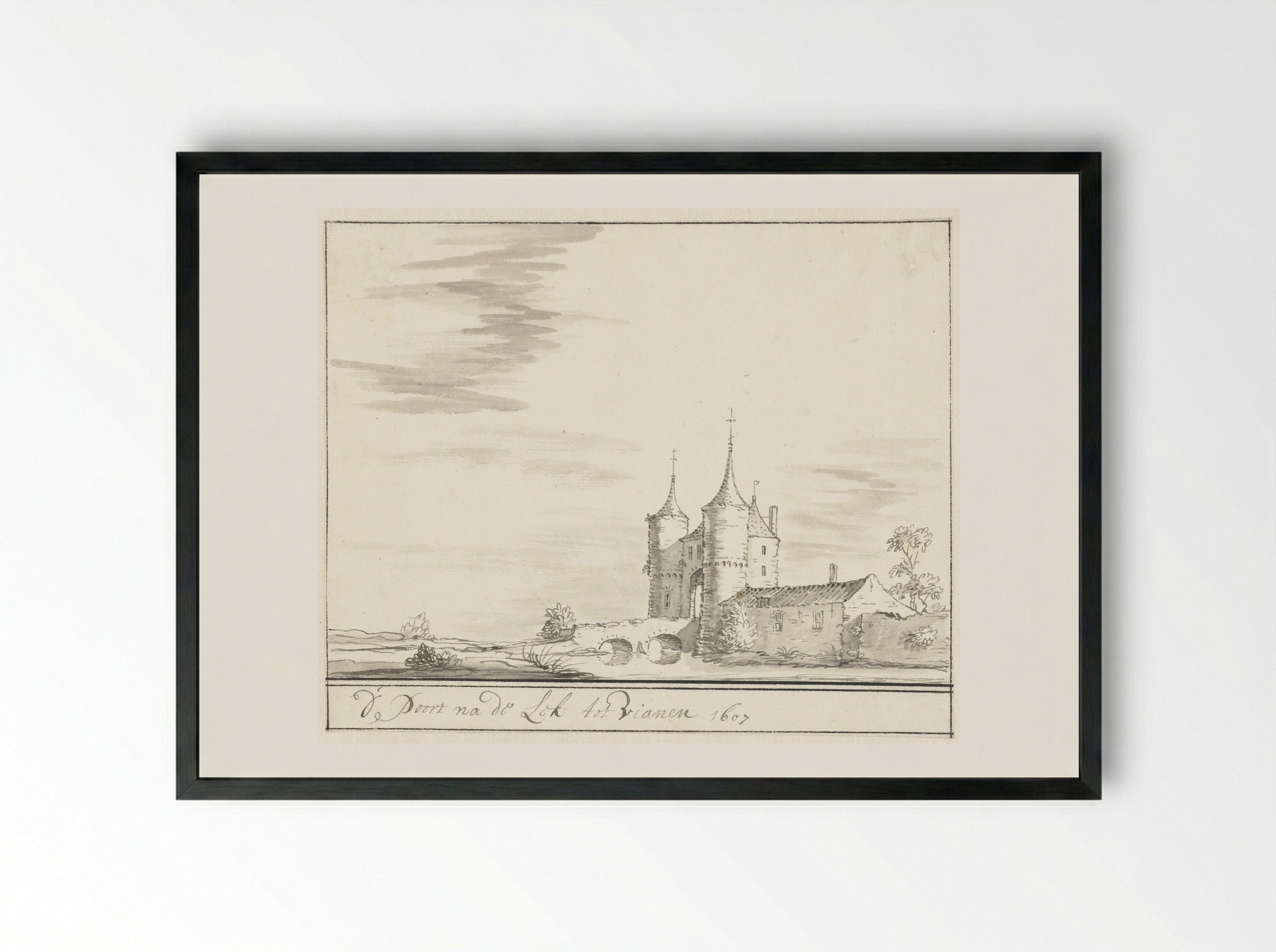 De poort aan de Lek te Vianen in 1607 - Jacobus Stellingwerff - Framed Print Black