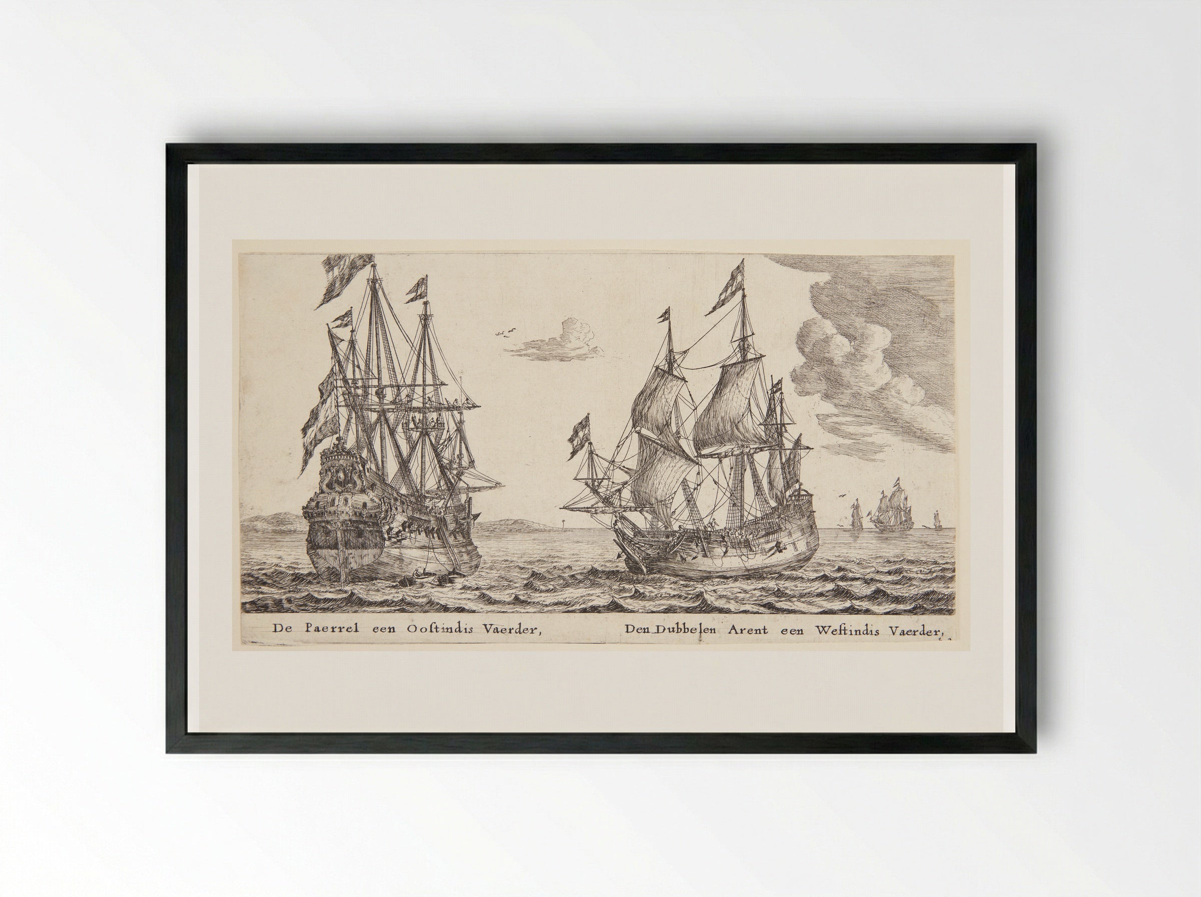 De schepen De Parel en De Dubbele Arend - Reinier Nooms - Framed Print Black