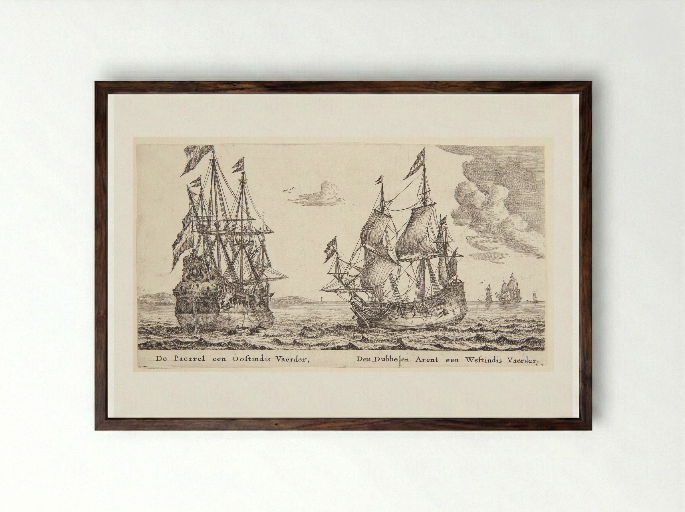 De schepen De Parel en De Dubbele Arend - Reinier Nooms - Framed Print Dark Wood