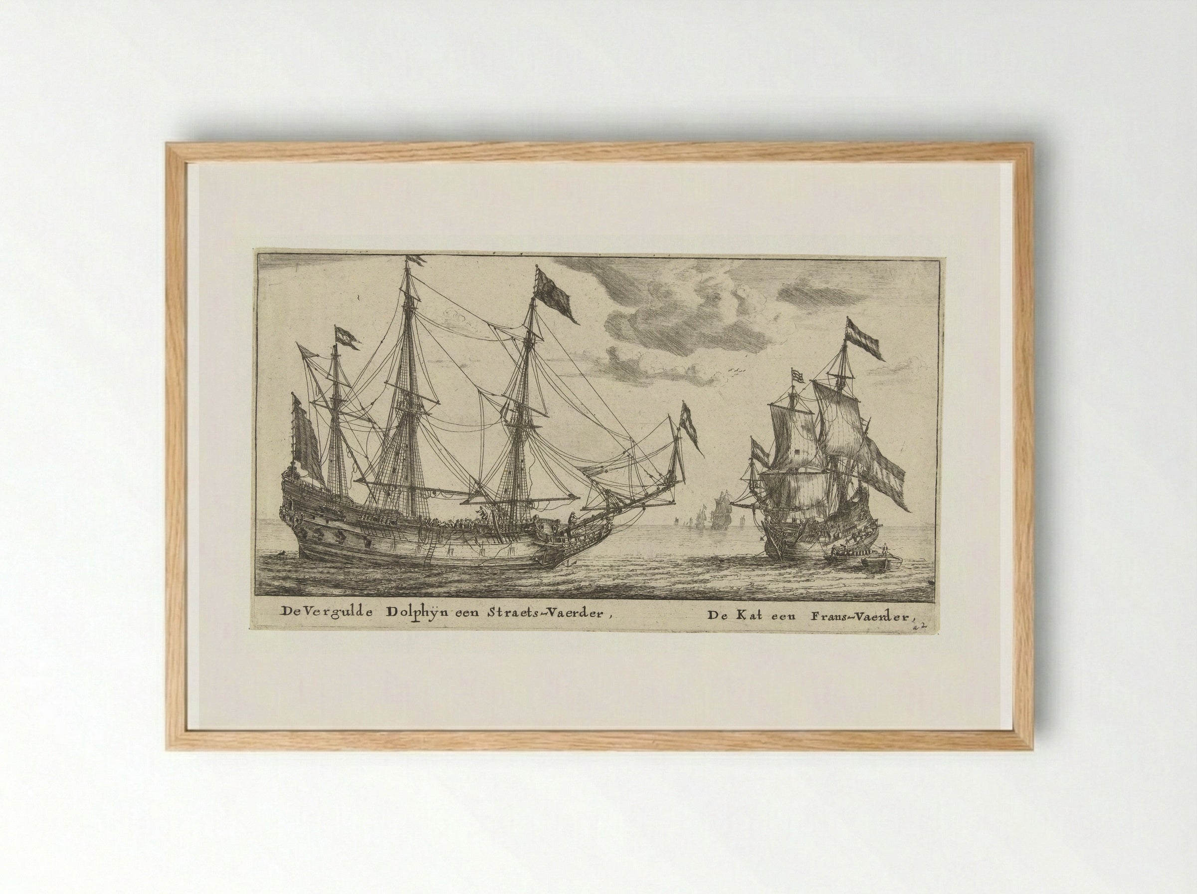 De schepen De Vergulde Dolfijn en De Kat - Reinier Nooms - Framed Print Wood