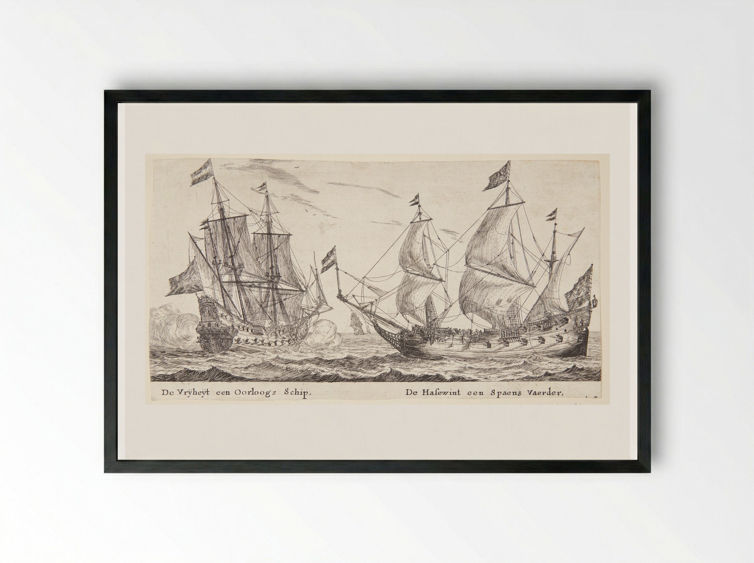 De schepen De Vrijheid en De Hazewind - Reinier Nooms - Framed Print Black