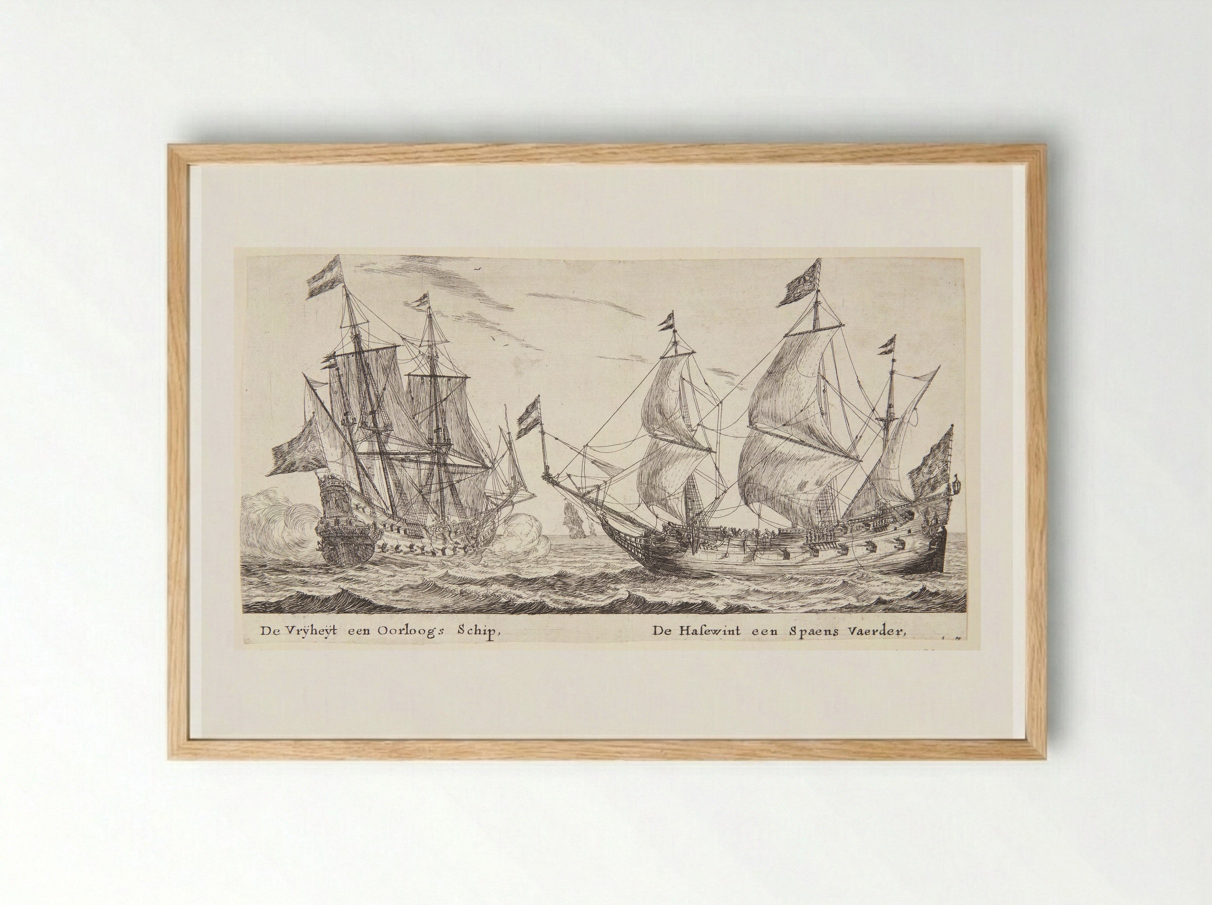 De schepen De Vrijheid en De Hazewind - Reinier Nooms - Framed Print Wood
