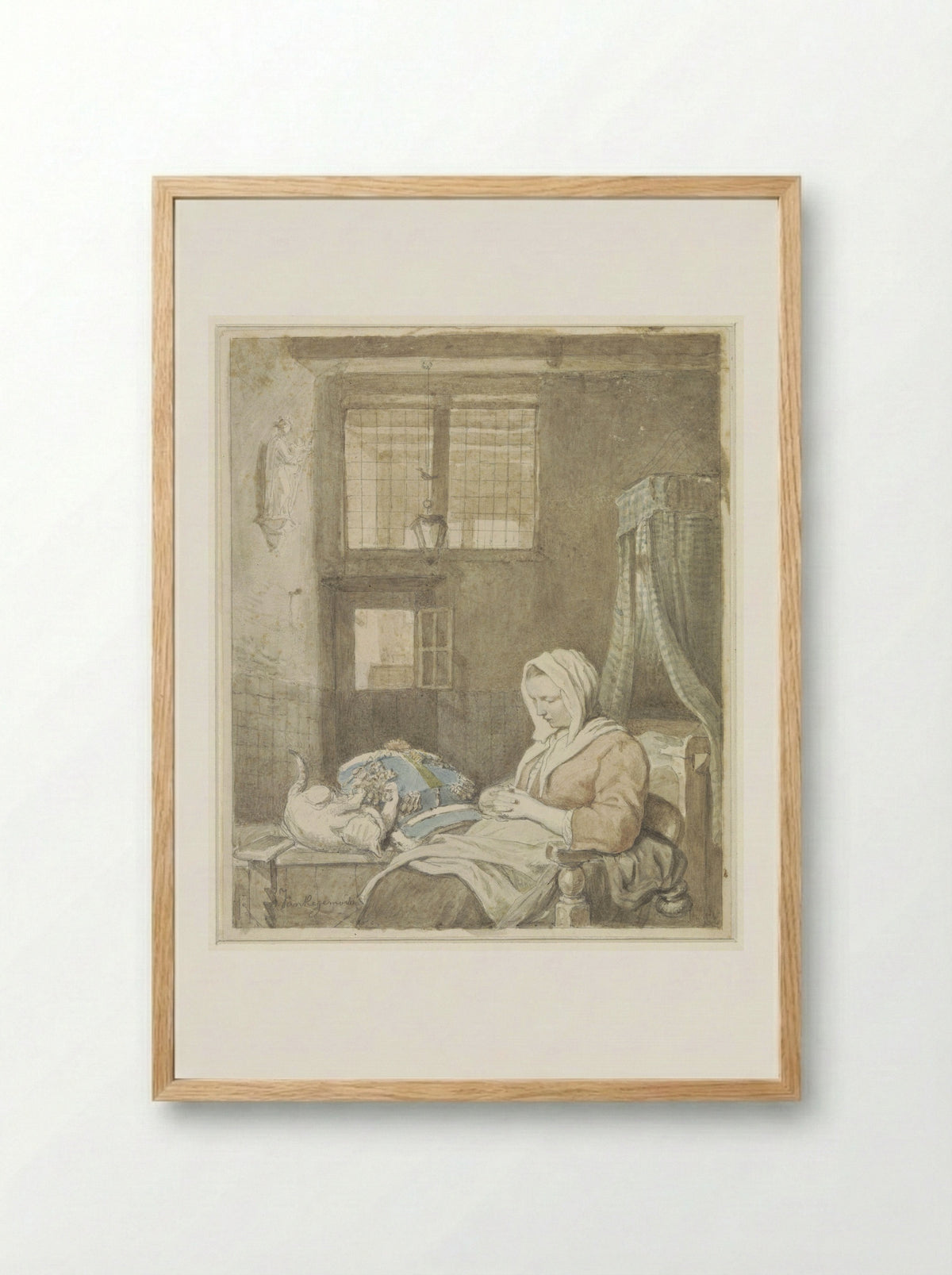De slapende kantwerkster - Ignatius Josephus Van Regemorter - Framed Print Wood