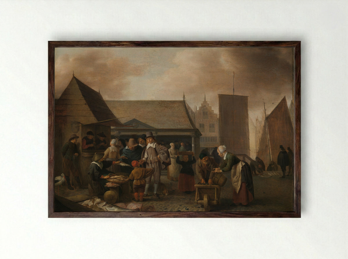 De vismarkt - Hendrick Martensz Sorgh - Framed Print Dark Wood
