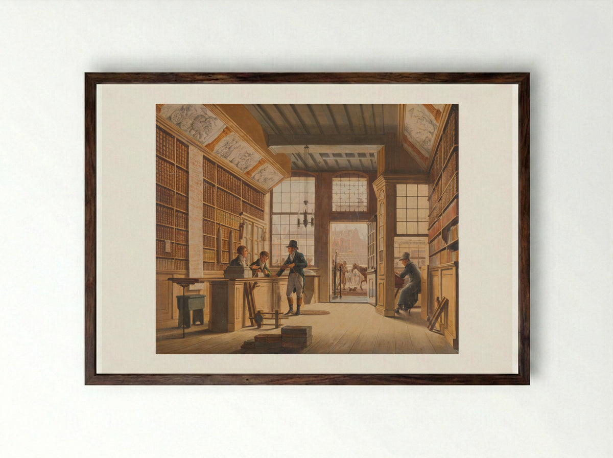 De winkel van boekhandelaar Pieter Meijer Warnars op de Vijgendam in Amsterdam - Johannes Jelgerhuis - Framed Print Dark Wood