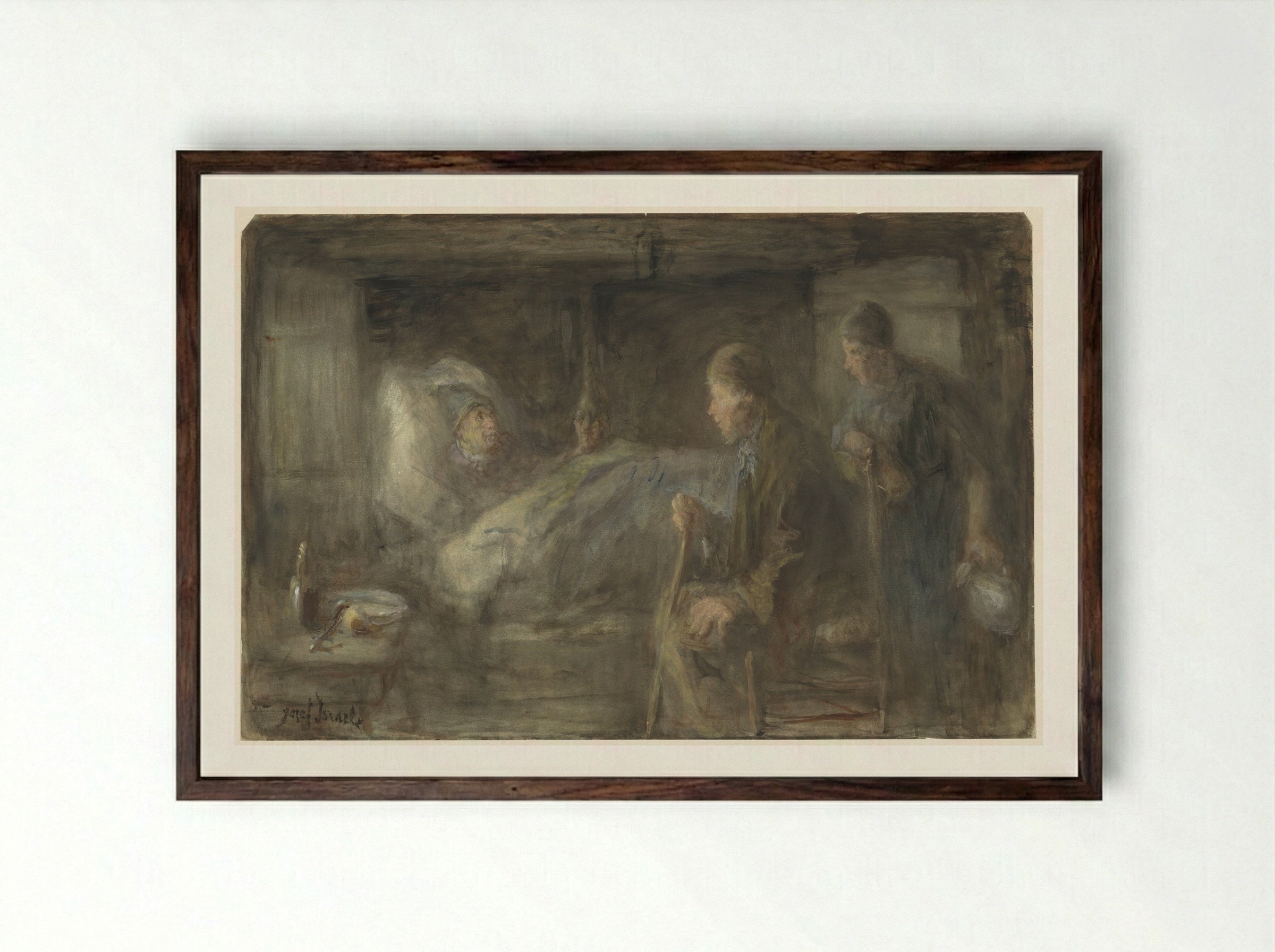De zieke buurman - Jozef Israëls - Framed Print Dark Wood