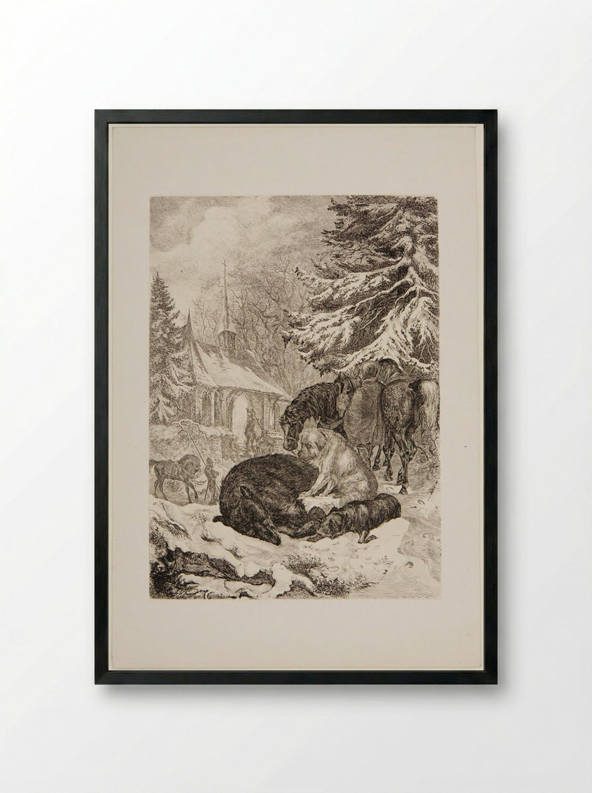 Dead Bear Guarded by Dogs - Friedrich Anton Wolff - Framed Print Black