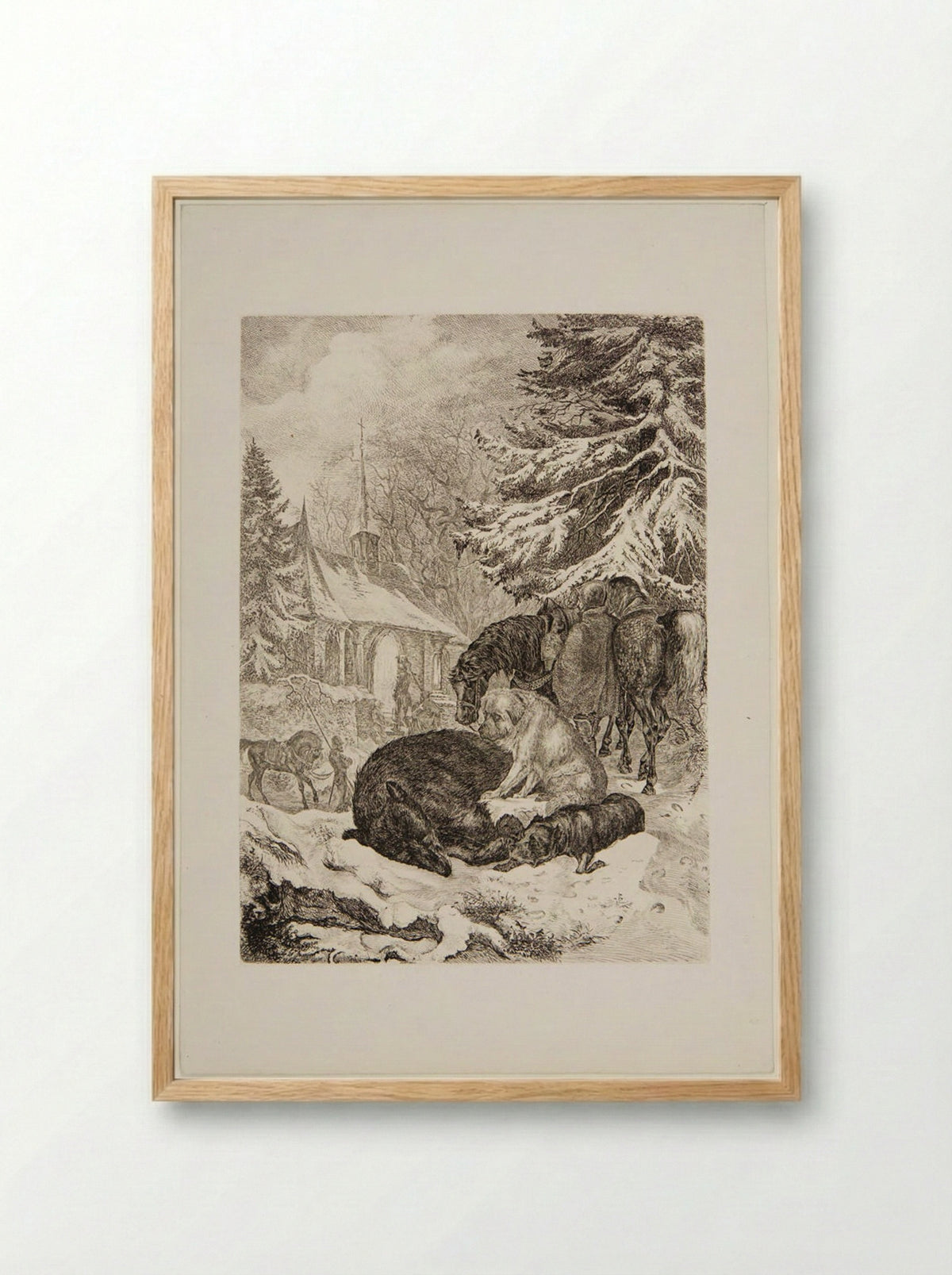 Dead Bear Guarded by Dogs - Friedrich Anton Wolff - Framed Print Wood