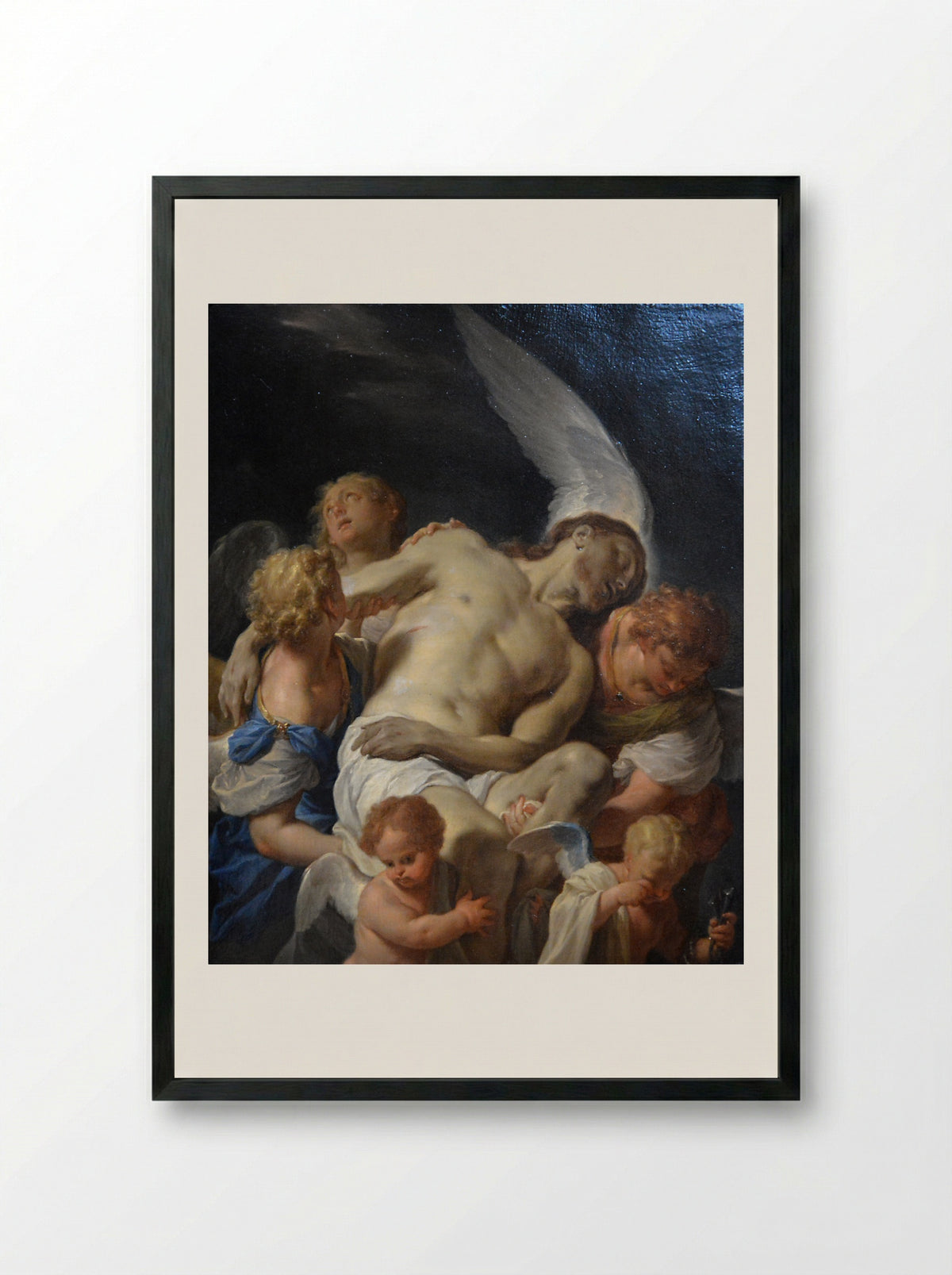 Dead Christ Supported by Angels - Francesco Trevisani - Framed Print Black