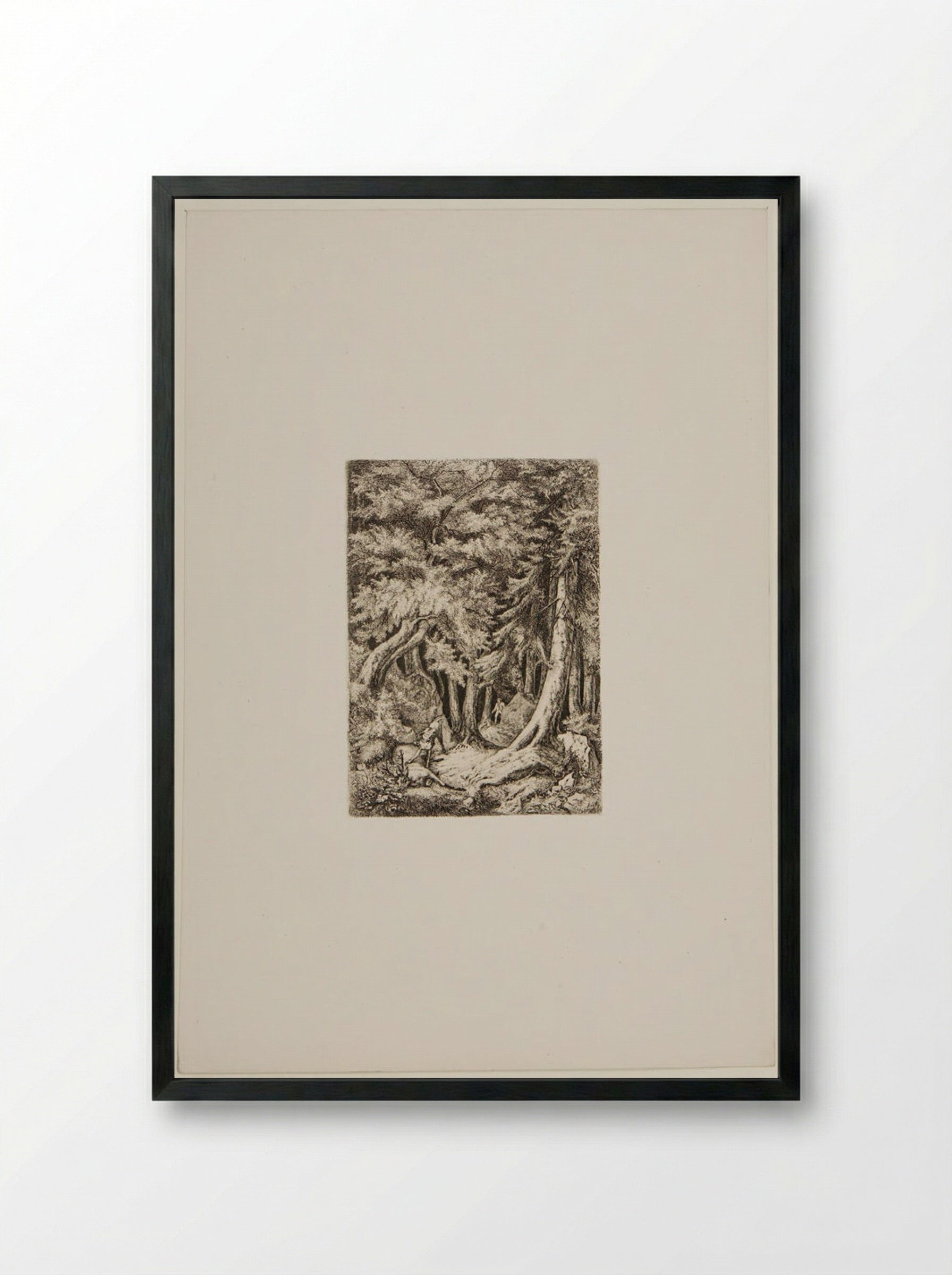 Dead Deer Guarded by a Dog in the Forest - Friedrich Anton Wolff - Framed Print Black