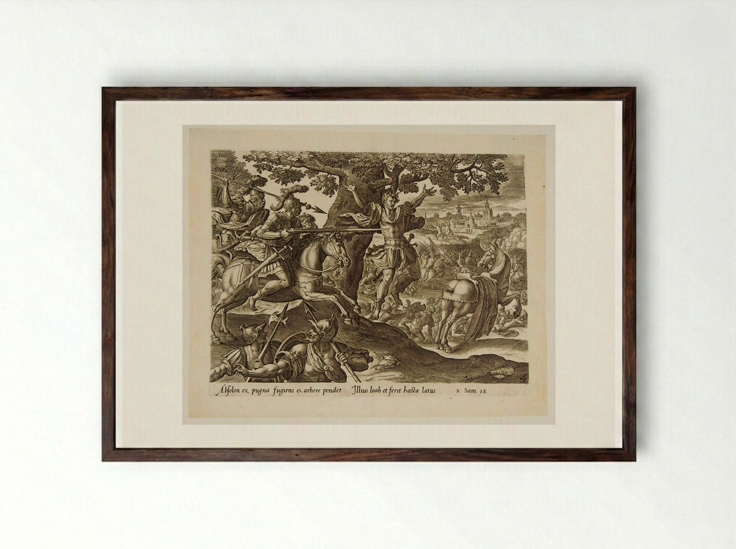 Death of Absalom - Johannes Wierix - Framed Print Dark Wood