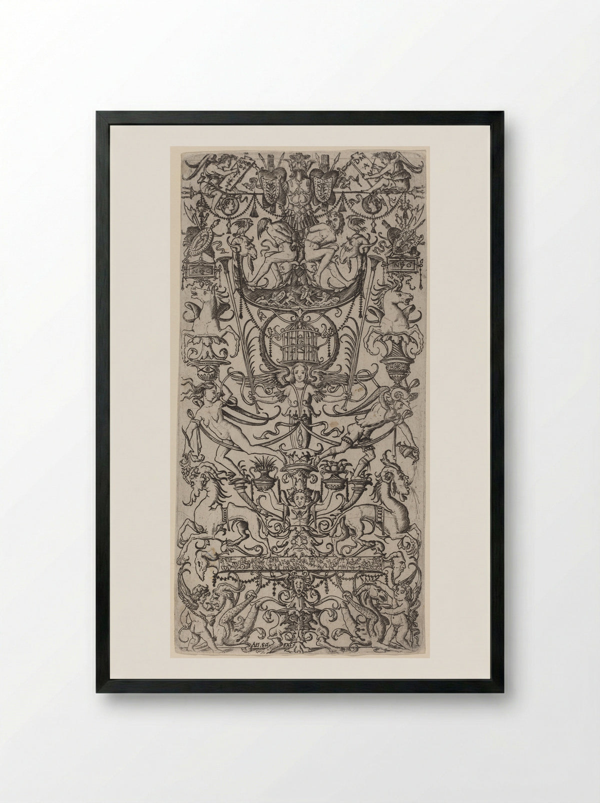 Decorative Panel of Bird, Animal, and Fish Motifs - Nicoletto da Modena - Framed Print Black