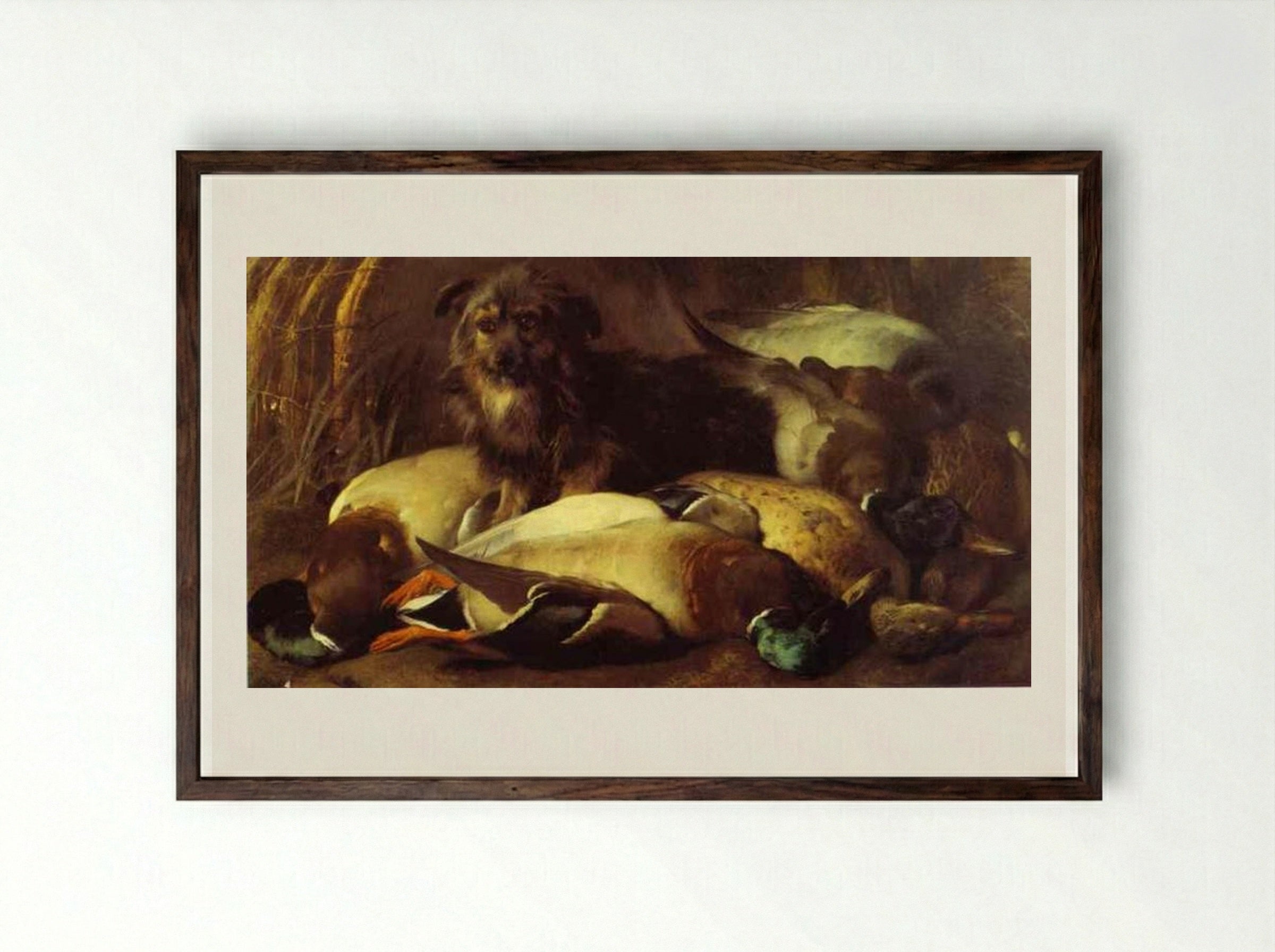 Decoyman's Dog and Duck - Edwin Henry Landseer - Framed Print Dark Wood