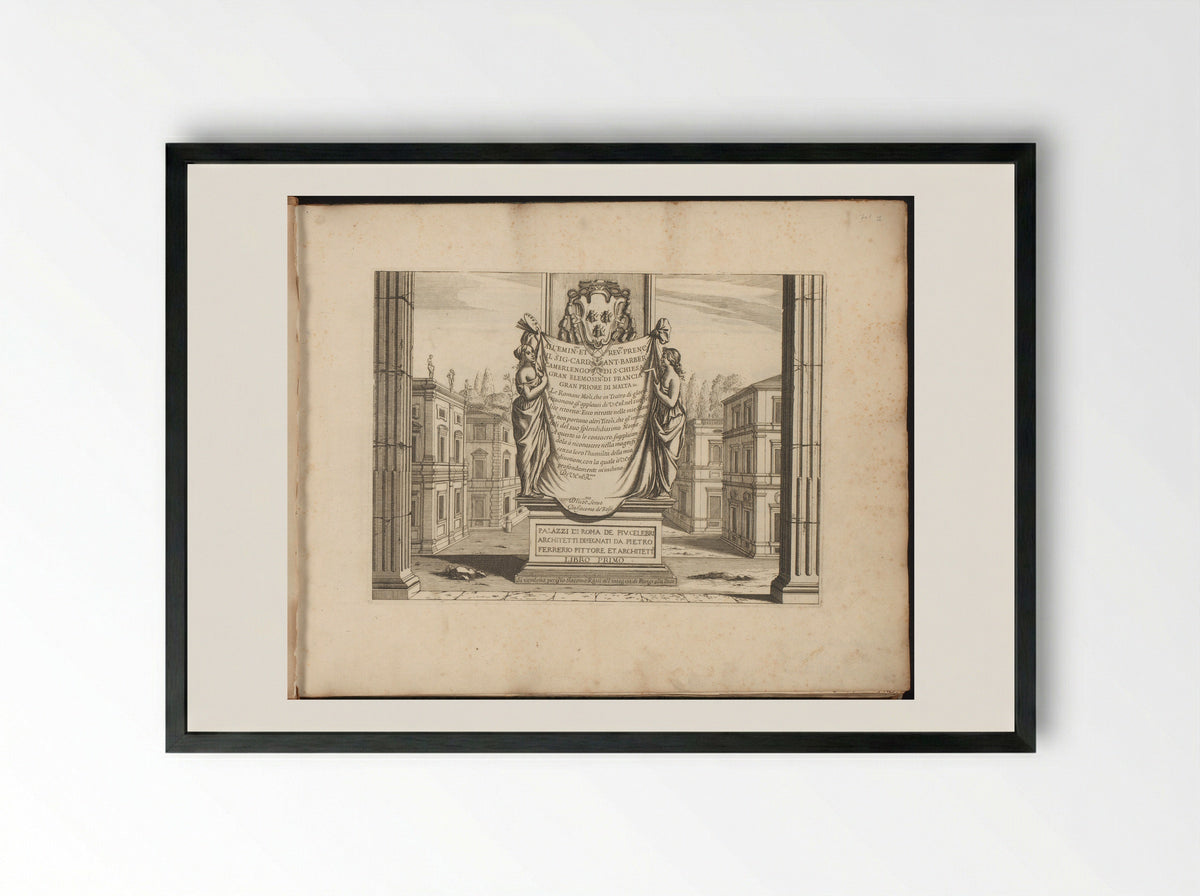 Dedication Plate to Antonio Barberini - Giovanni Battista Falda - Framed Print Black