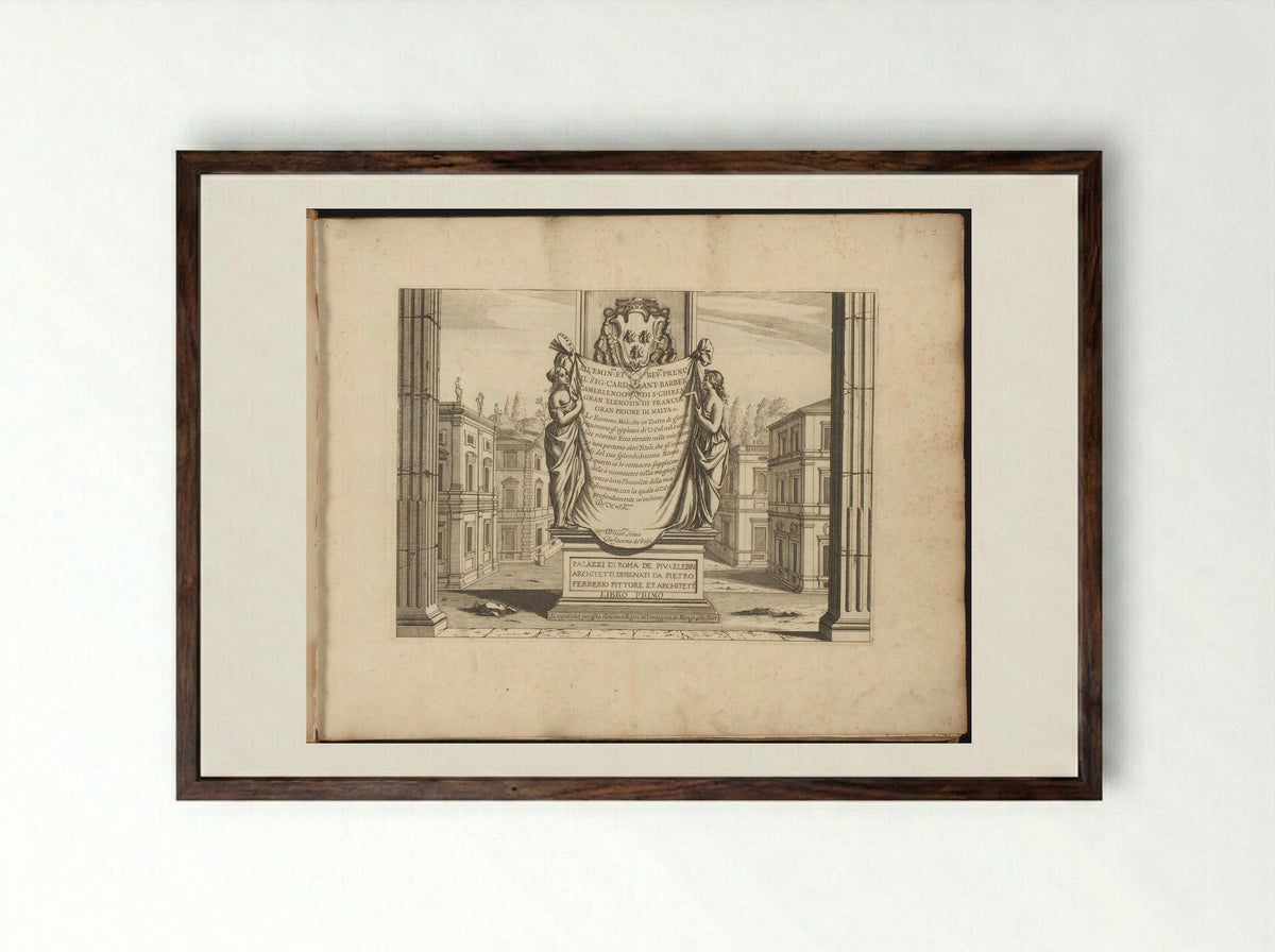 Dedication Plate to Antonio Barberini - Giovanni Battista Falda - Framed Print Dark Wood