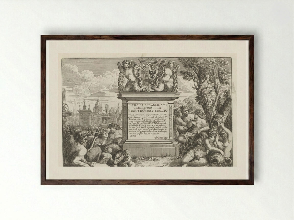 Dedication to Agostino Chigi with Coat of Arms and View of Rome - Giovanni Giacomo de' Rossi - Framed Print Dark Wood