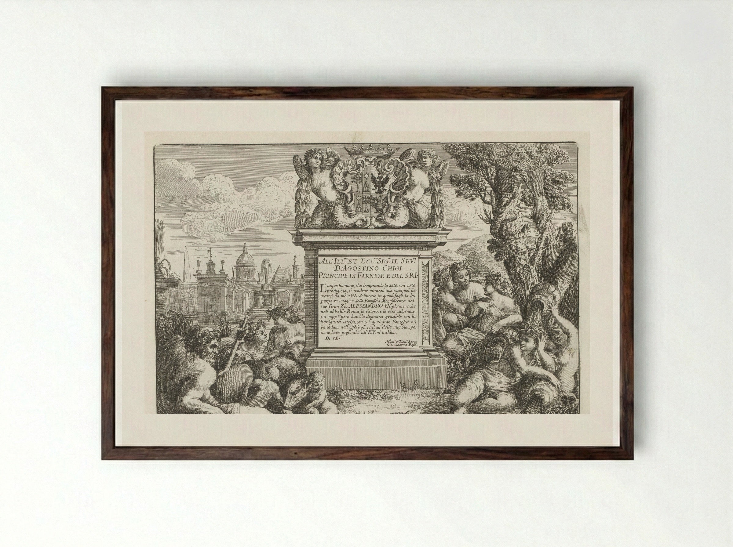 Dedication to Agostino Chigi with Coat of Arms and View of Rome - Giovanni Giacomo de' Rossi - Framed Print Dark Wood